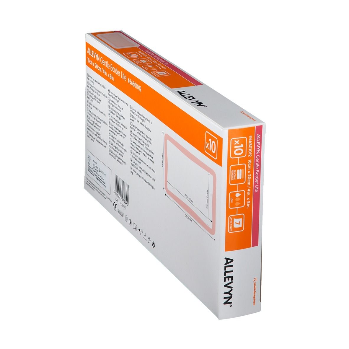 Dos incliné de la boîte Allevyn Gentle Border Lite. Affiche informations produit et logos.