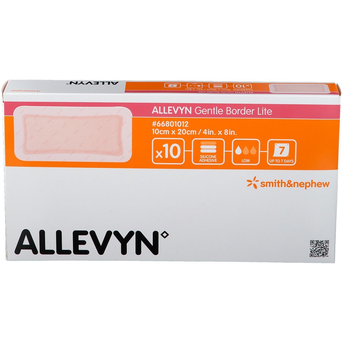 Boîte Allevyn Gentle Border Lite. Présente un exemple de produit, taille, quantité et logos.