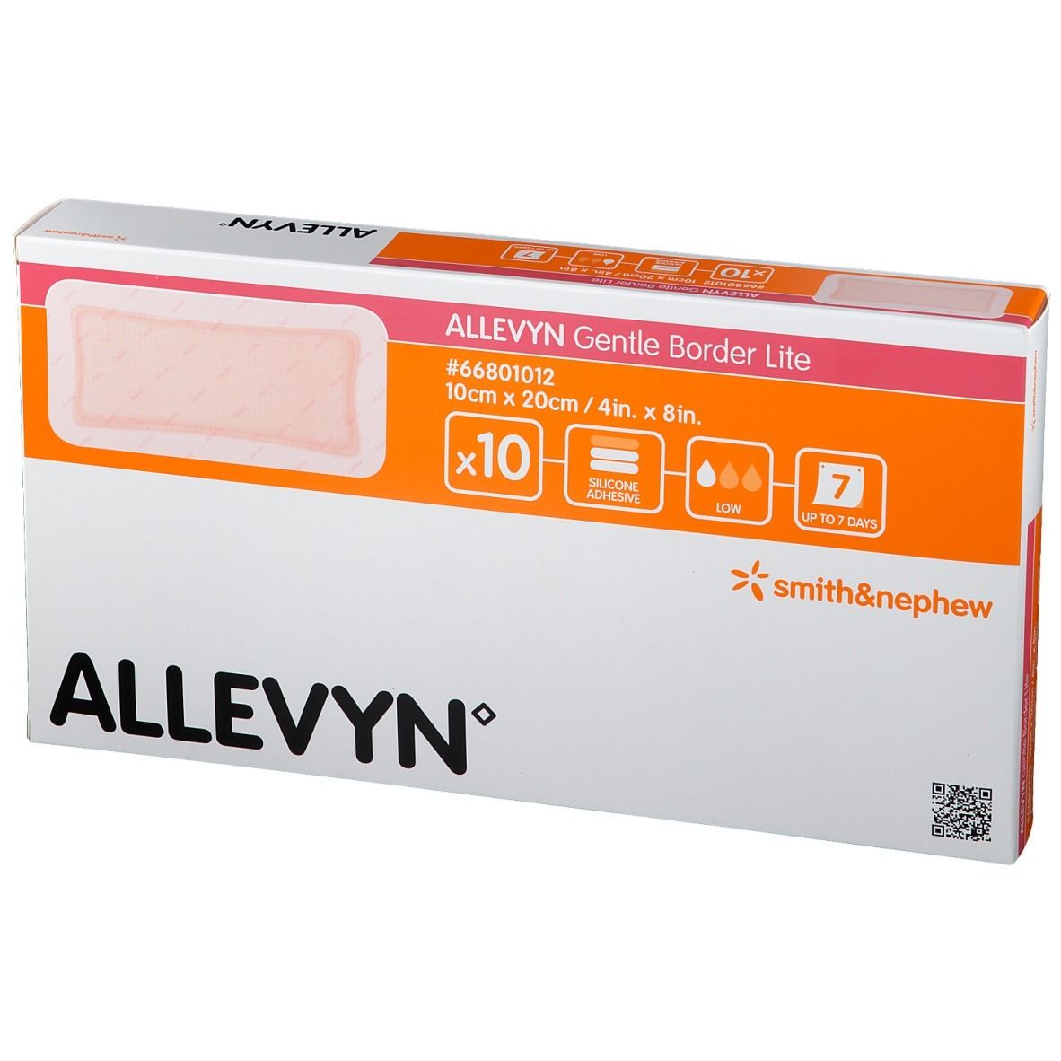 Boîte Allevyn Gentle Border Lite. Présente un exemple de produit, taille, quantité et logos.