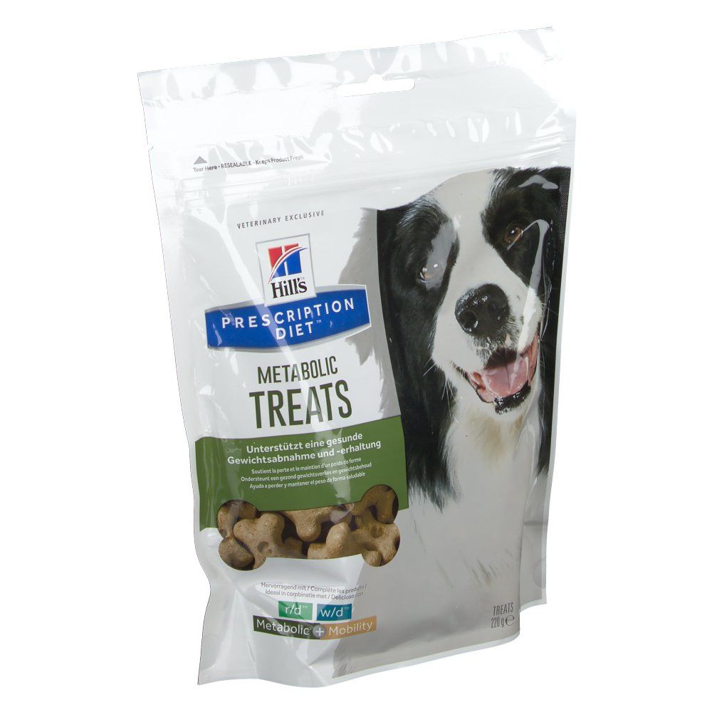 Sachet de friandises pour chiens. Inscription : Hills Prescription Diet Metabolic Treats. Image d'un chien.