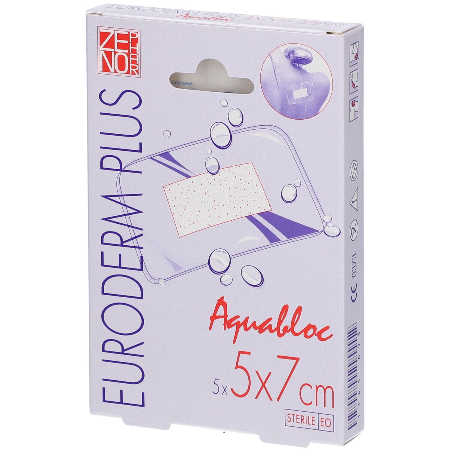 Verpackung mit Euroderm Plus Pflastern. Größe 5x7 cm. Aquabloc. Sterile EO. ZENOOR Logo.