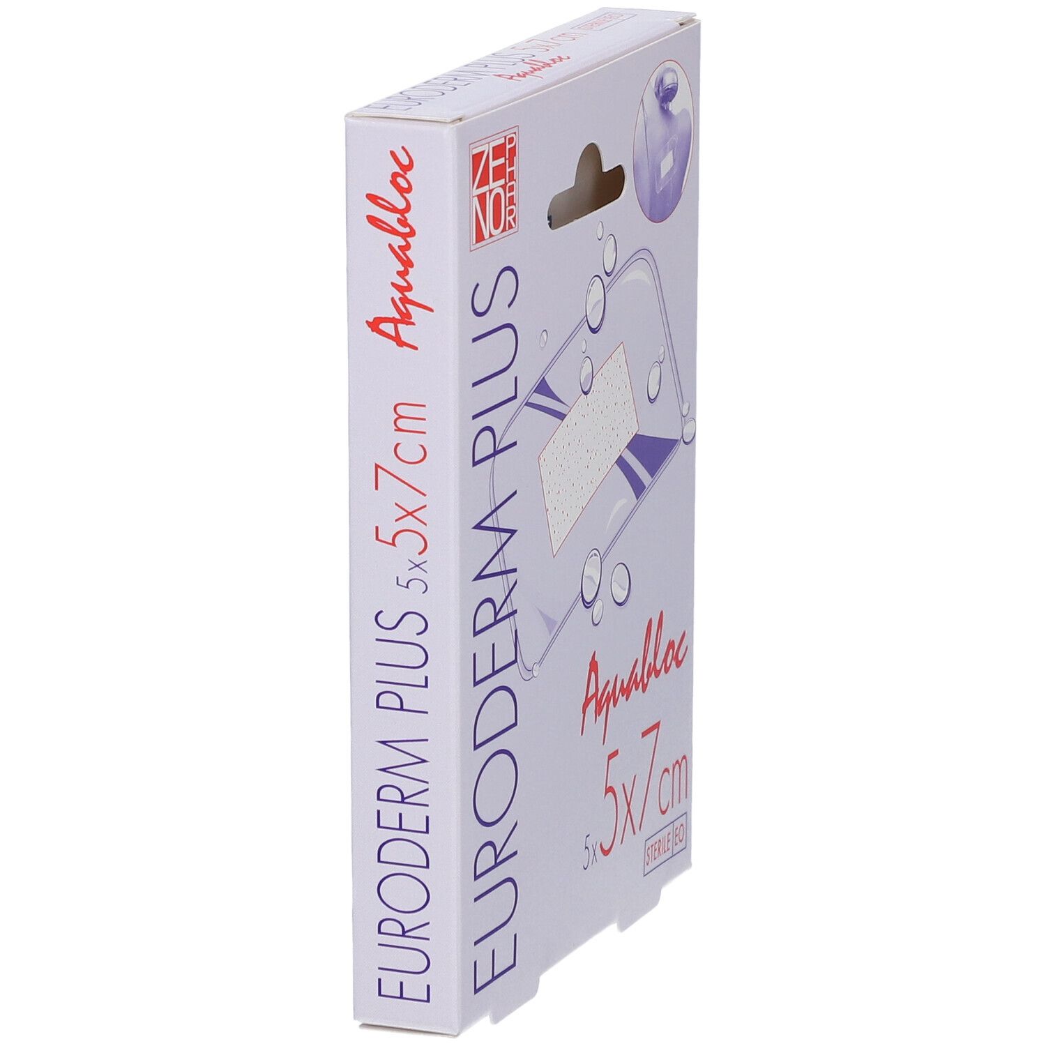 Seitenansicht der Verpackung mit Euroderm Plus Pflastern. Größe 5x7 cm. Aquabloc. ZENOOR Logo.