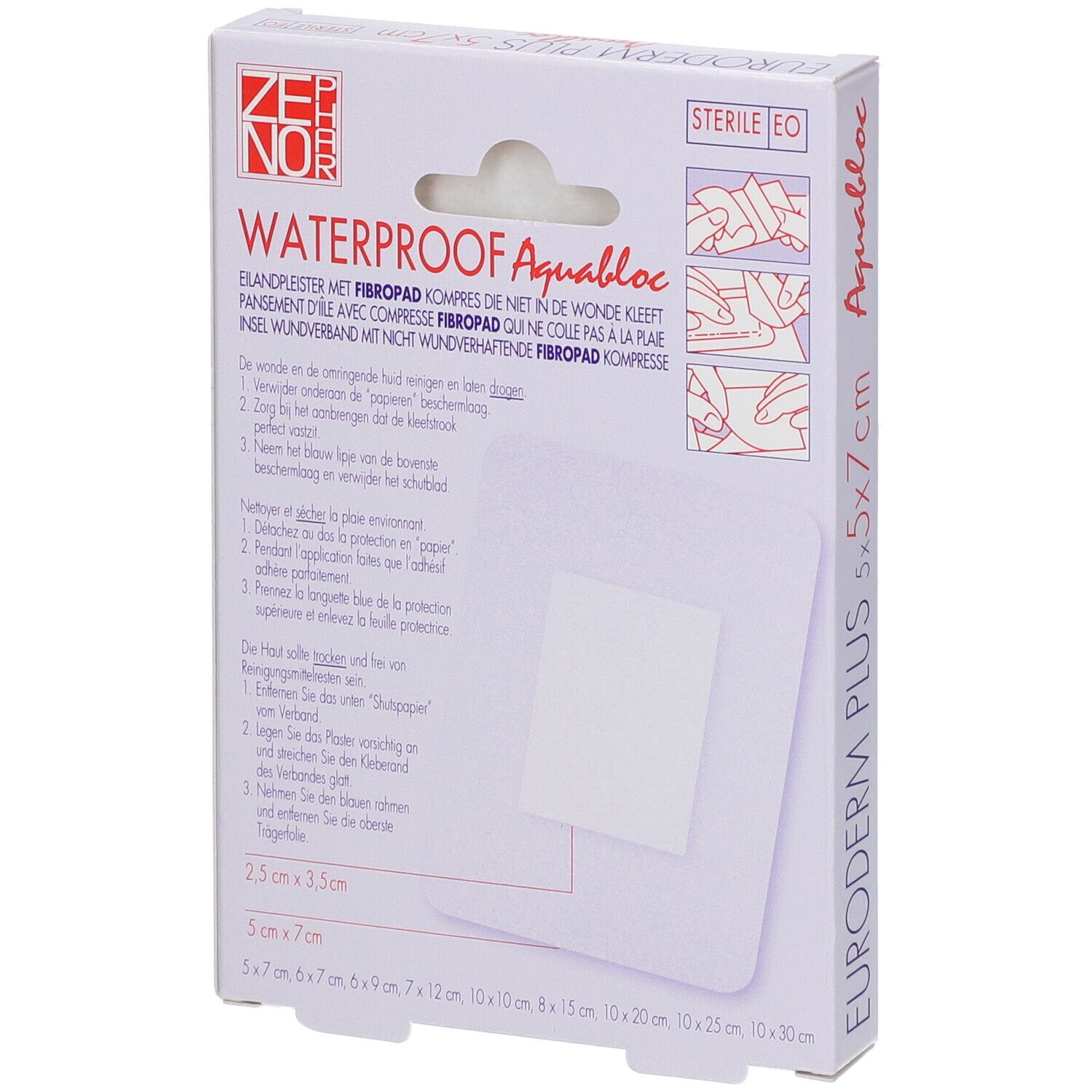 Rückseite der Verpackung mit Euroderm Plus Pflastern. Größe 5x7 cm. Aquabloc. Anweisungen.