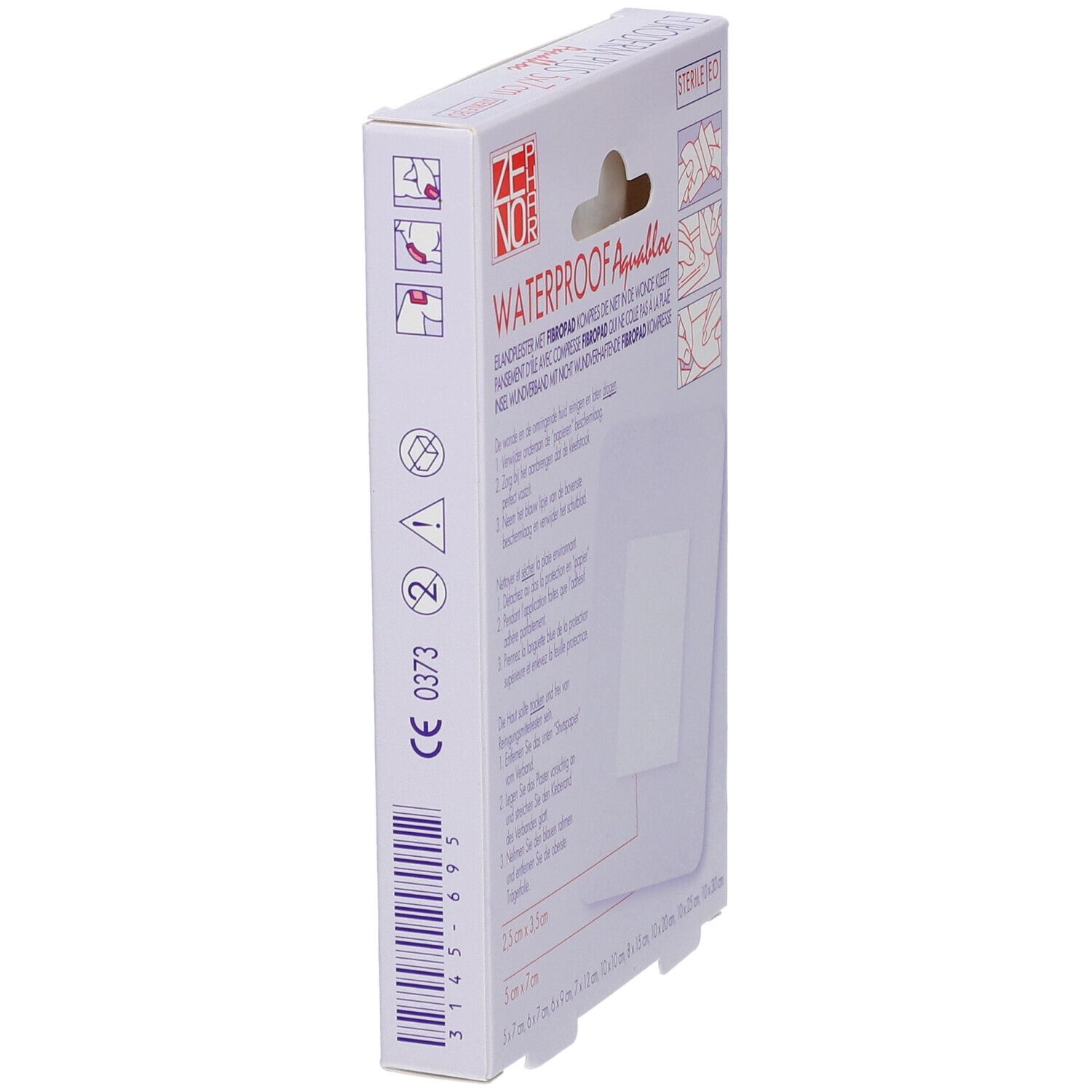 Seitenansicht der Verpackung mit Euroderm Plus Pflastern. Größe 5x7 cm. Aquabloc. CE-Kennzeichnung.