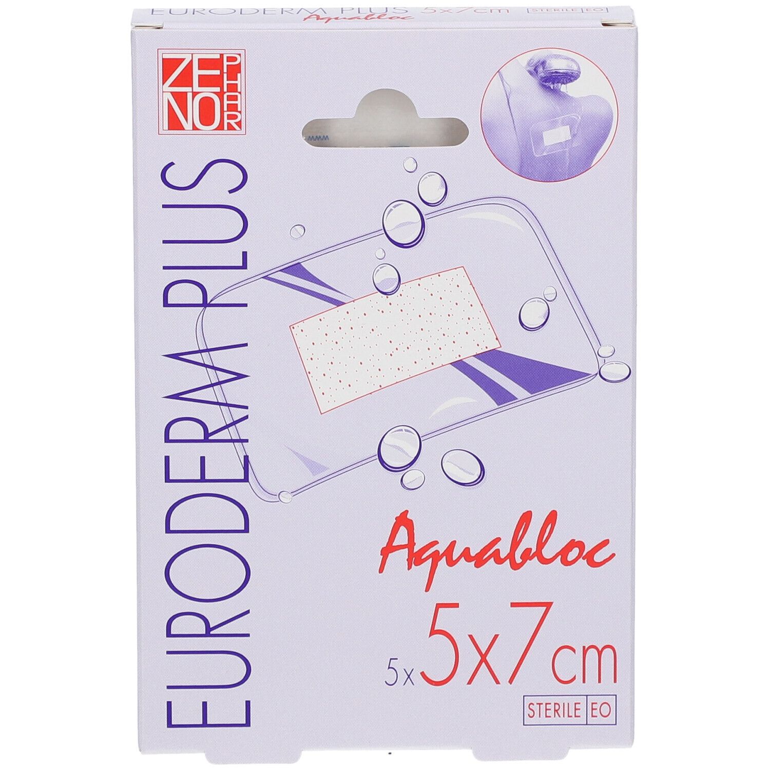 Verpackung mit Euroderm Plus Pflastern. Größe 5x7 cm. Aquabloc. Sterile EO. ZENOOR Logo.