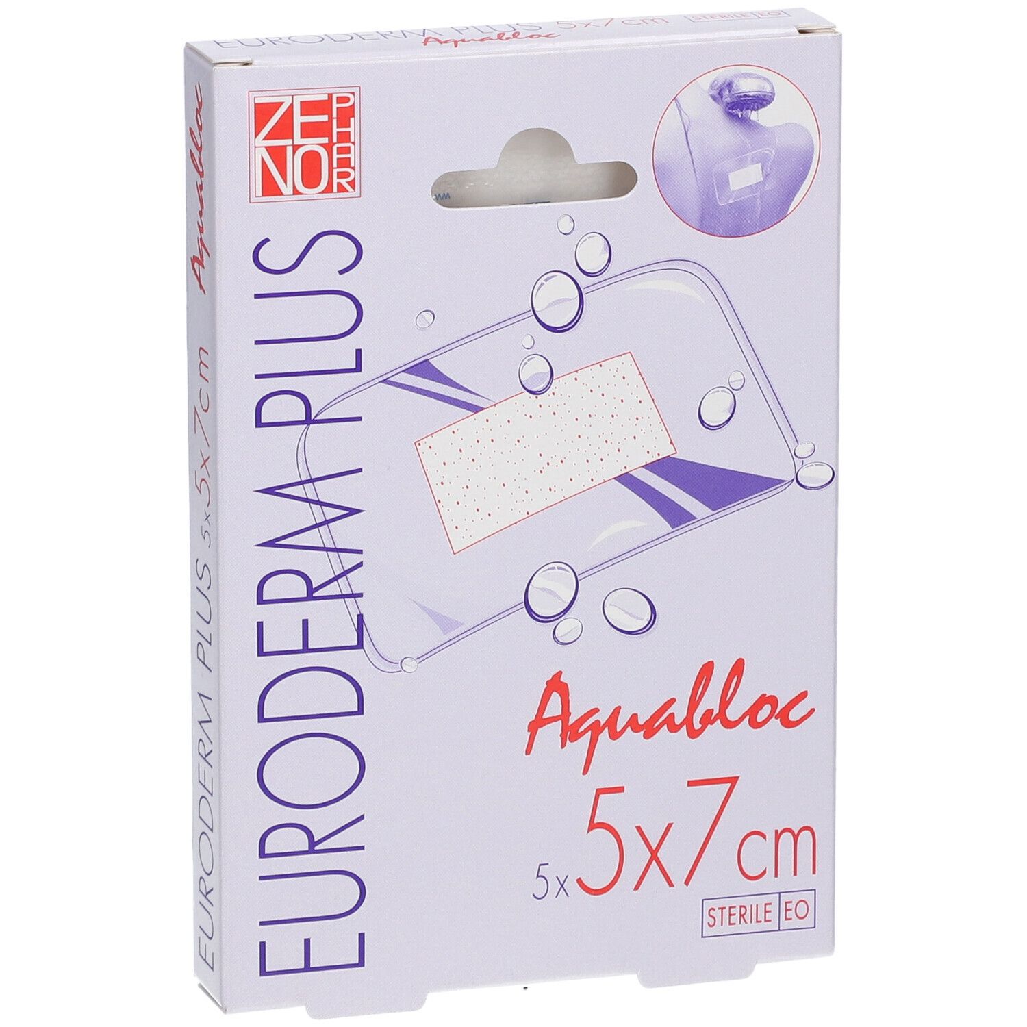 Verpackung mit Euroderm Plus Pflastern. Größe 5x7 cm. Aquabloc. Sterile EO. ZENOOR Logo.