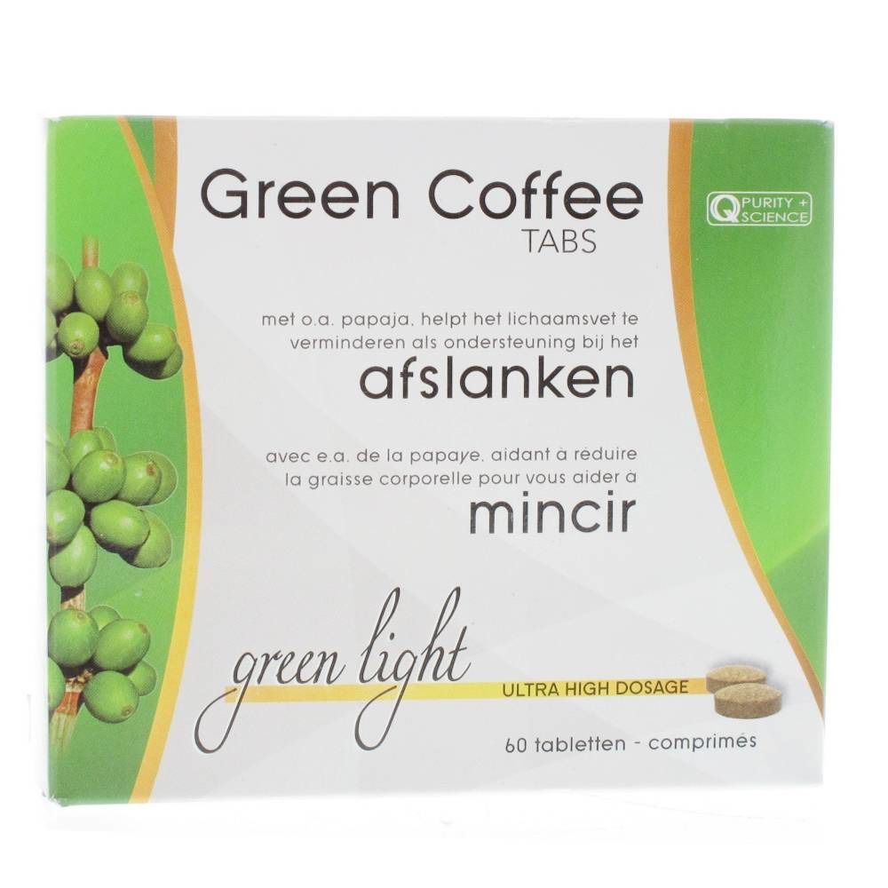 Boîte de "Green Coffee Tabs". Inscriptions en néerlandais et français. 60 comprimés. Vert et blanc.