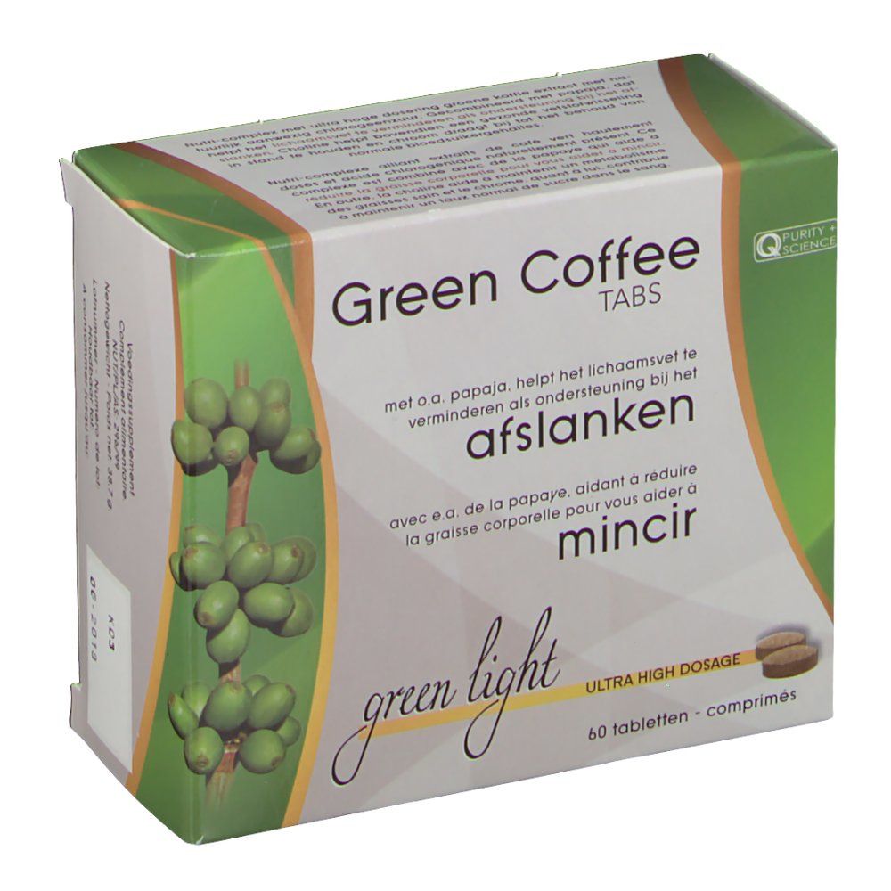 Boîte "Green Coffee Tabs". Inscriptions en néerlandais et français. 60 comprimés. Vert et blanc.