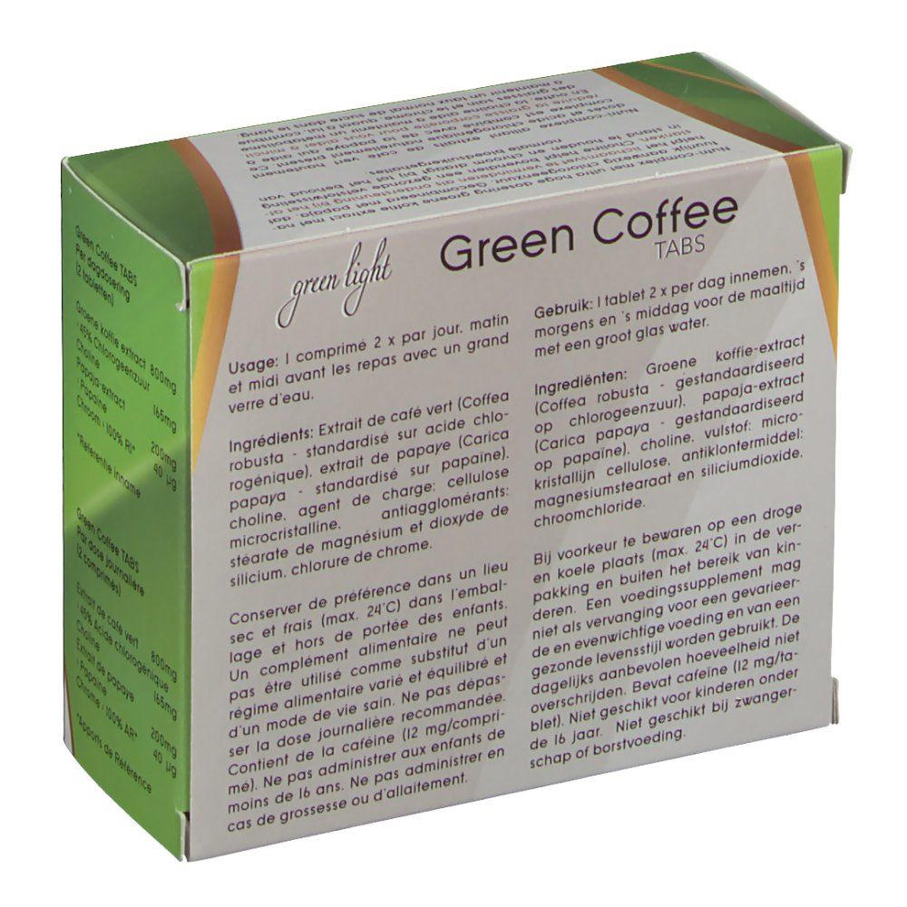 Boîte "Green Coffee Tabs". Mode d'emploi en néerlandais. Vert et blanc. 60 comprimés.