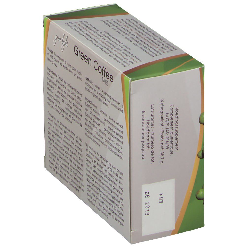 Boîte "Green Coffee Tabs". Dos avec ingrédients et numéro de lot. Vert et blanc.