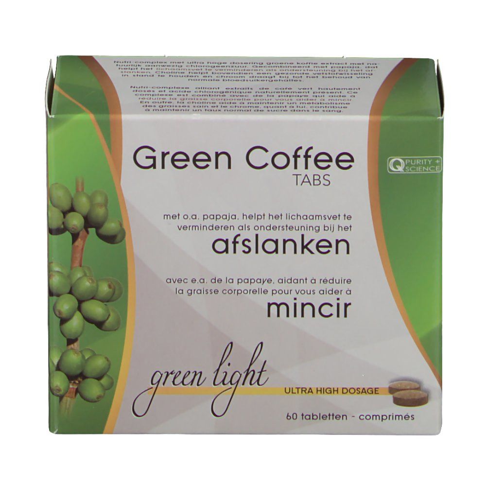 Boîte de "Green Coffee Tabs". Inscriptions en néerlandais et français. 60 comprimés. Vert et blanc.
