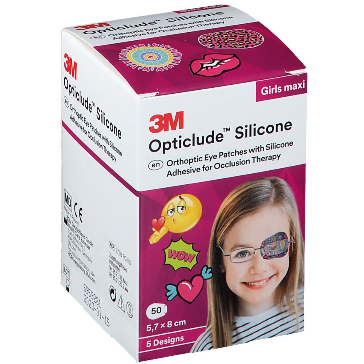 Boîte 3M Opticlude Silicone. Contient 50 patchs oculaires, 5,7 x 8 cm. Motif fille. Impression: MD CE.