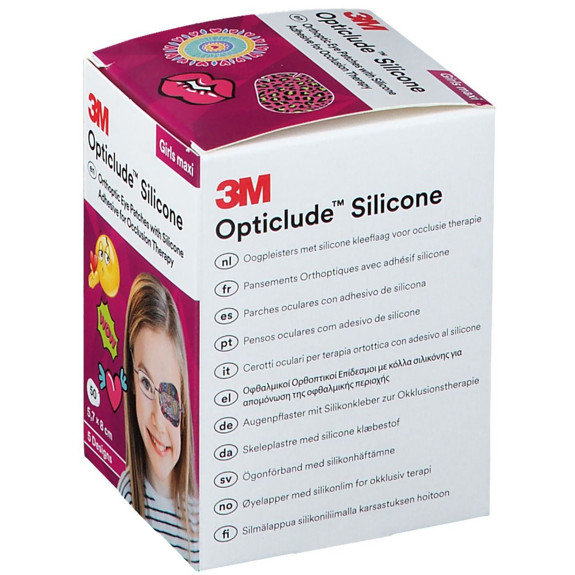 Boîte 3M Opticlude Silicone. Contient 50 patchs oculaires, 5,7 x 8 cm. Motif fille. Impression: MD CE.
