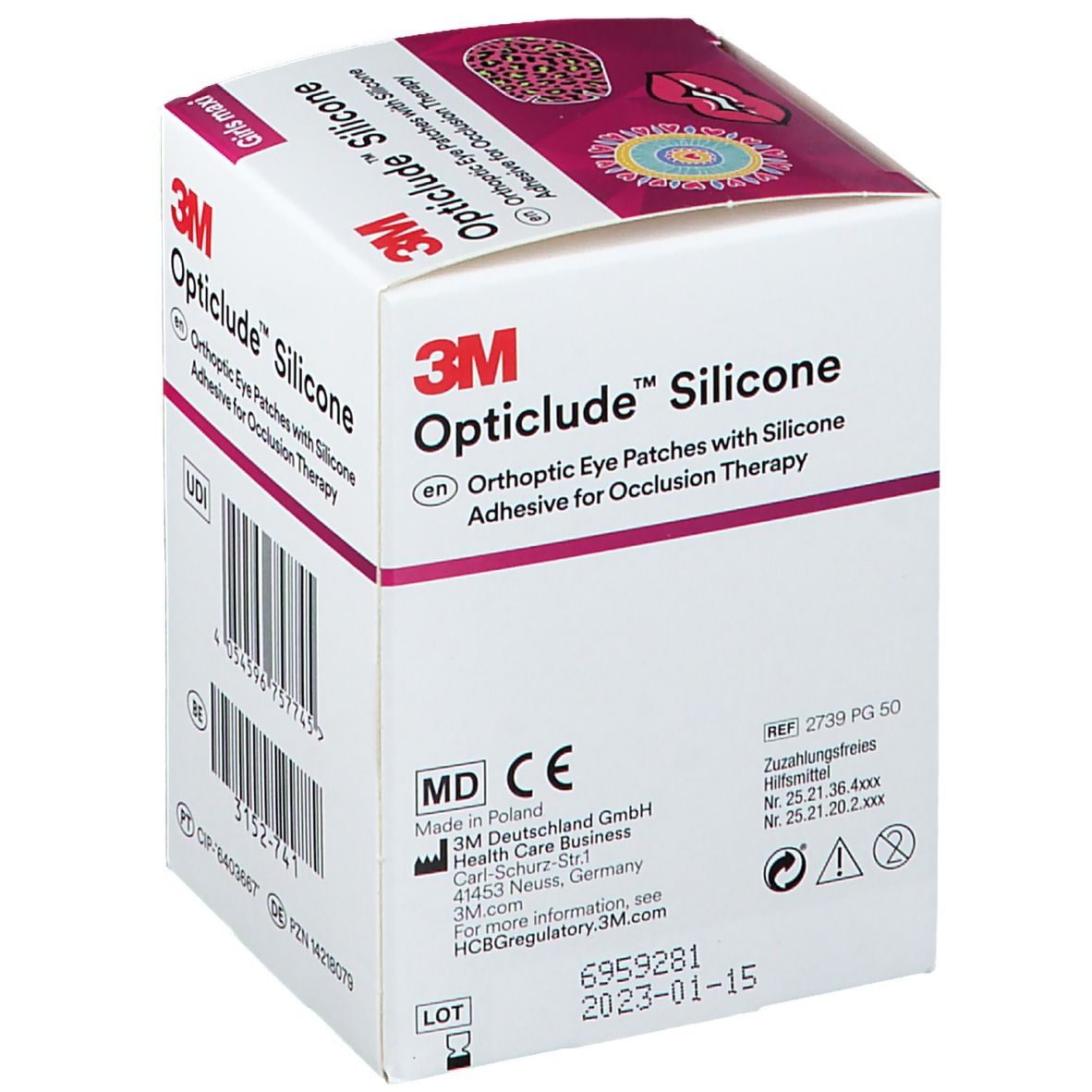 Boîte 3M Opticlude Silicone. Contient 50 patchs oculaires, 5,7 x 8 cm. Impression: MD CE.