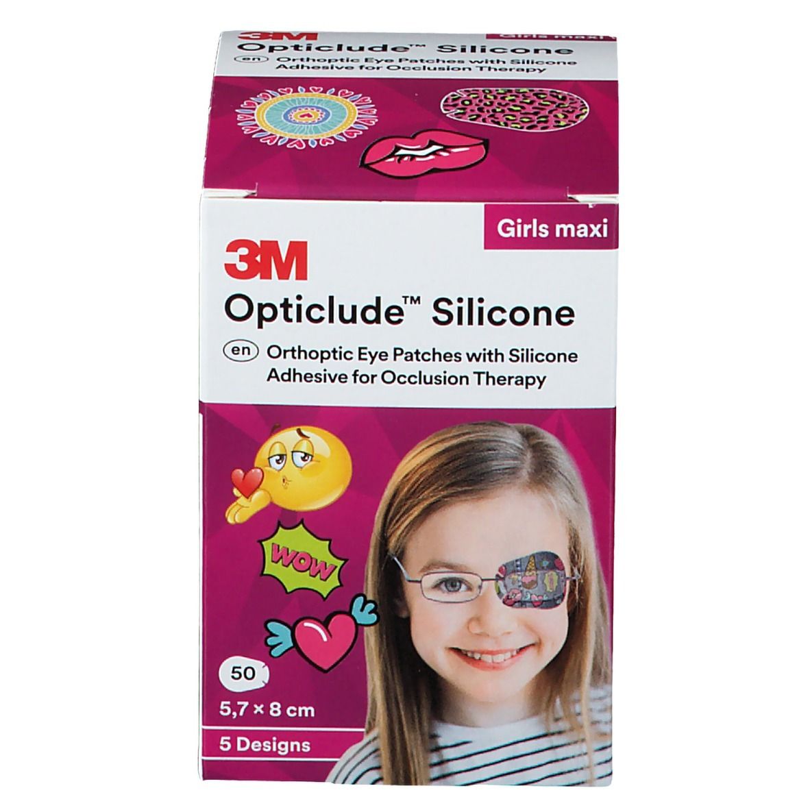 Boîte 3M Opticlude Silicone. Contient 50 patchs oculaires, 5,7 x 8 cm. Motif fille. Impression: MD CE.