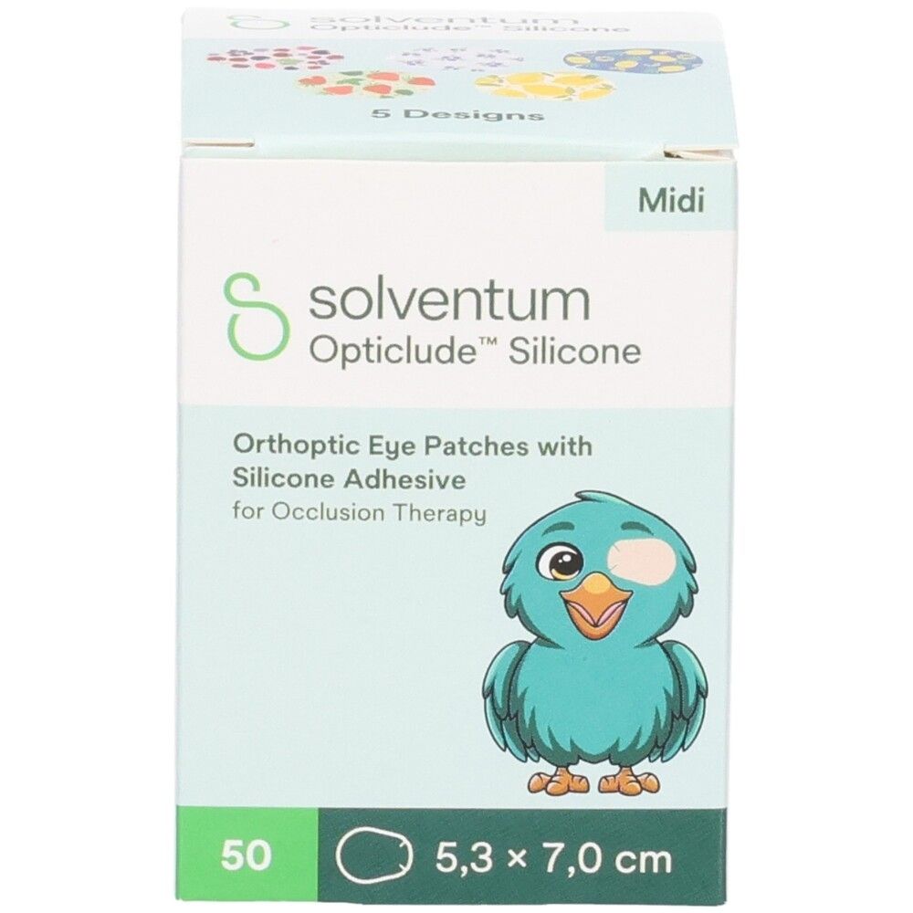 Packung mit 50 Solvntum Opticlude Silicone Orthoptic Eye Patches, Midi, 5,3 x 7,0 cm.