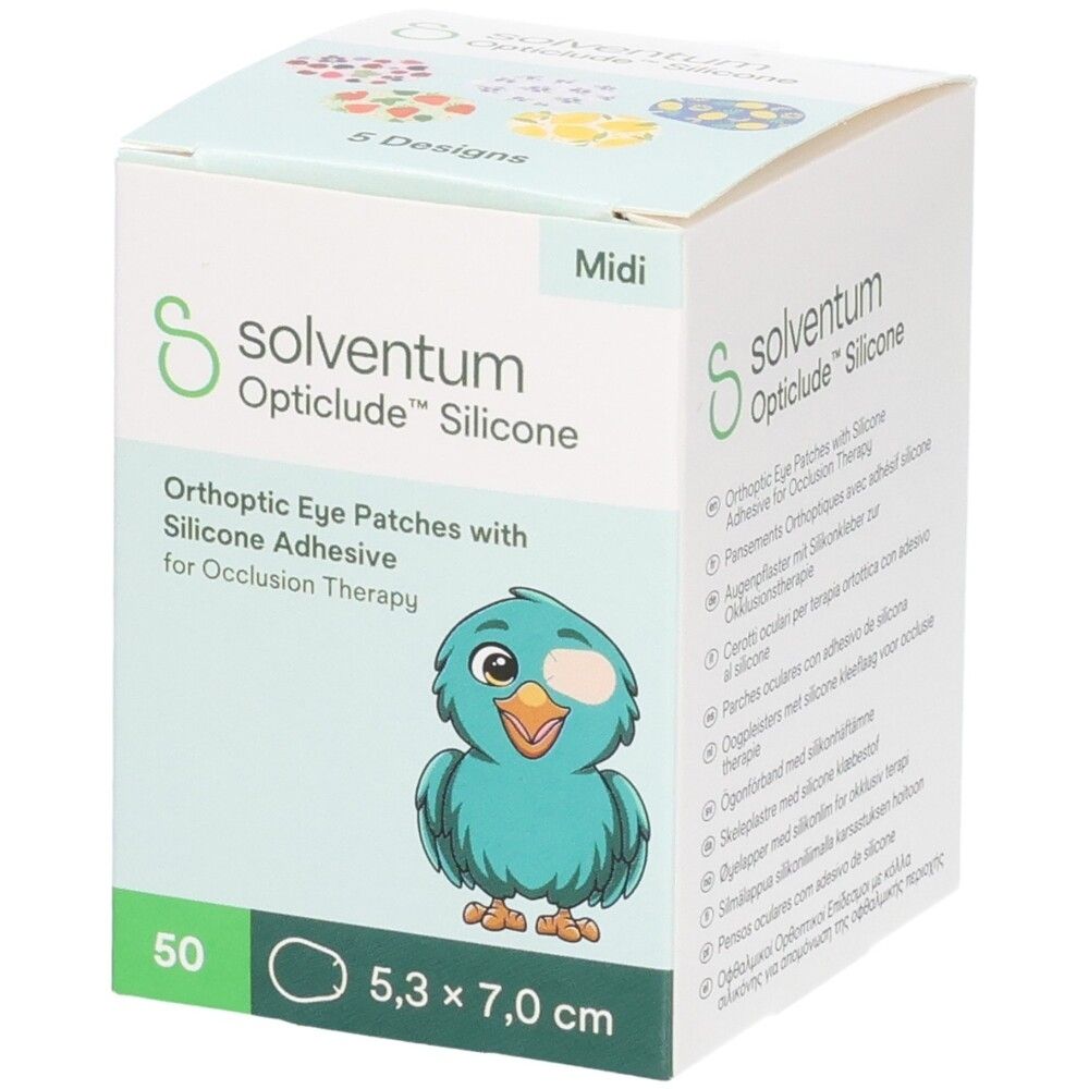 Verpackung von Solventum Opticlude Silikon Augenpflastern, 50 Stück, 5,3 x 7,0 cm.