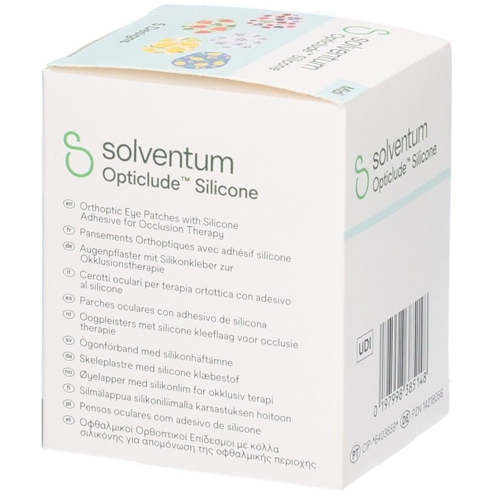 Packung mit 50 Solvendum Opticlude Silicone Augenpflastern, 5,3 x 7,0 cm, für Okklusionstherapie.