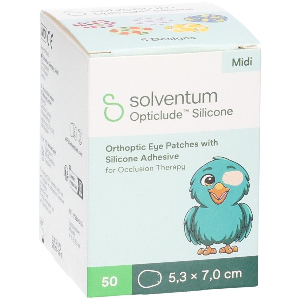 Verpackung von Solventum Opticlude Silikon Augenpflastern, 50 Stück, 5,3 x 7,0 cm.