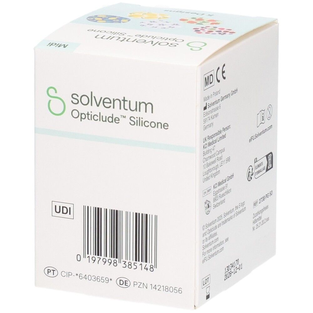 Verpackung für Solventum Opticlude Silicone Midi. Enthält CE- und MD-Zeichen.