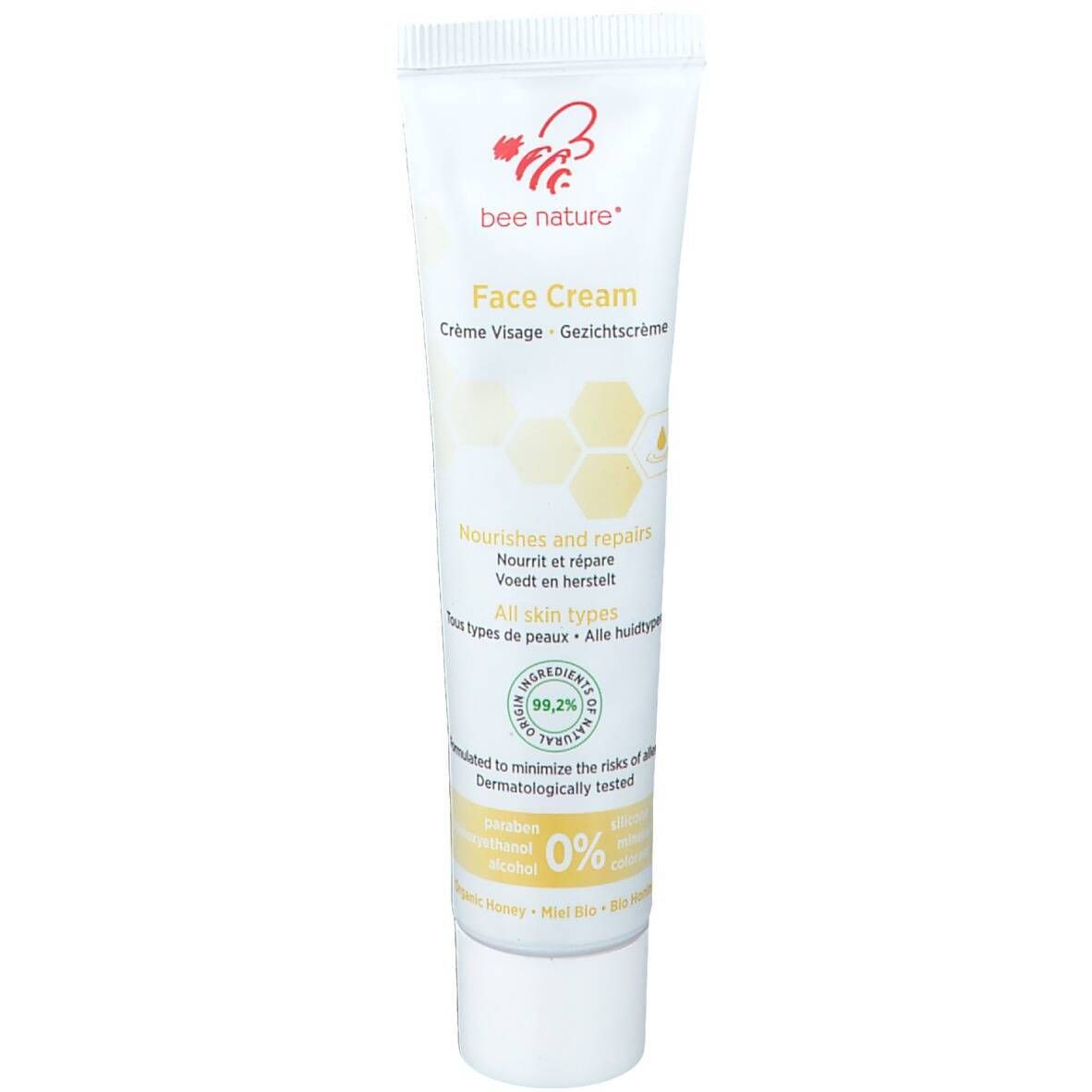 Gesichtscreme-Tube, weiß, mit Produktnamen und Logo. Enthält Text in Deutsch, Englisch, Französisch und Niederländisch. Dermatologisch getestet.