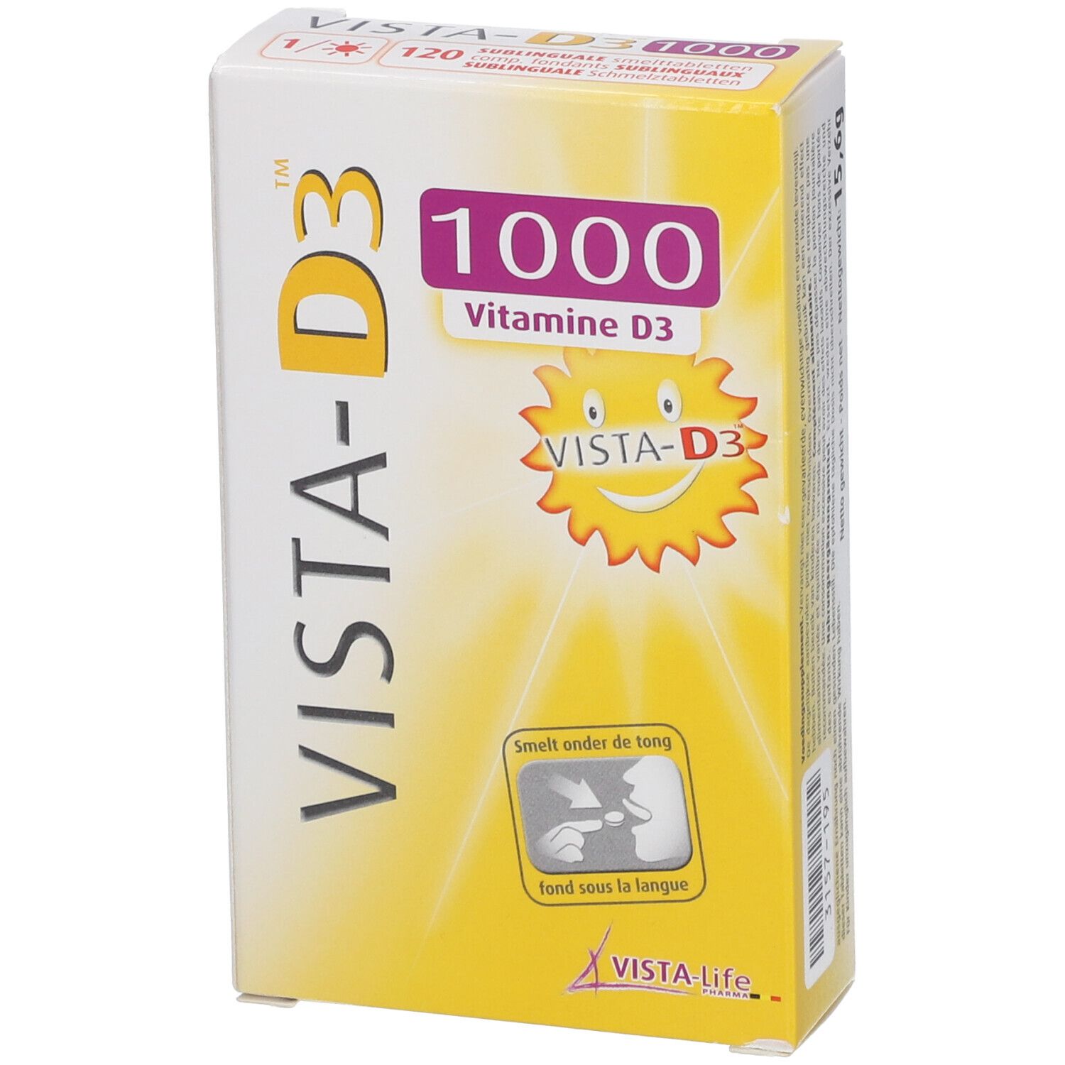 VISTA-D3 1000 Vitamin D3 Packung mit 120 Sublingualtabletten.