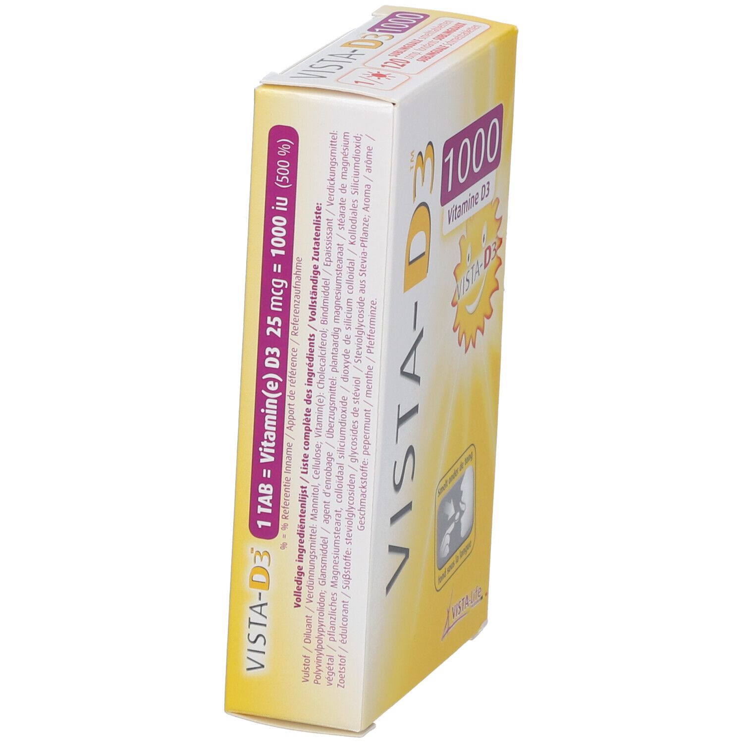 VISTA-D3 1000 Vitamin D3 Packung mit 120 Sublingualtabletten, Seitenansicht.