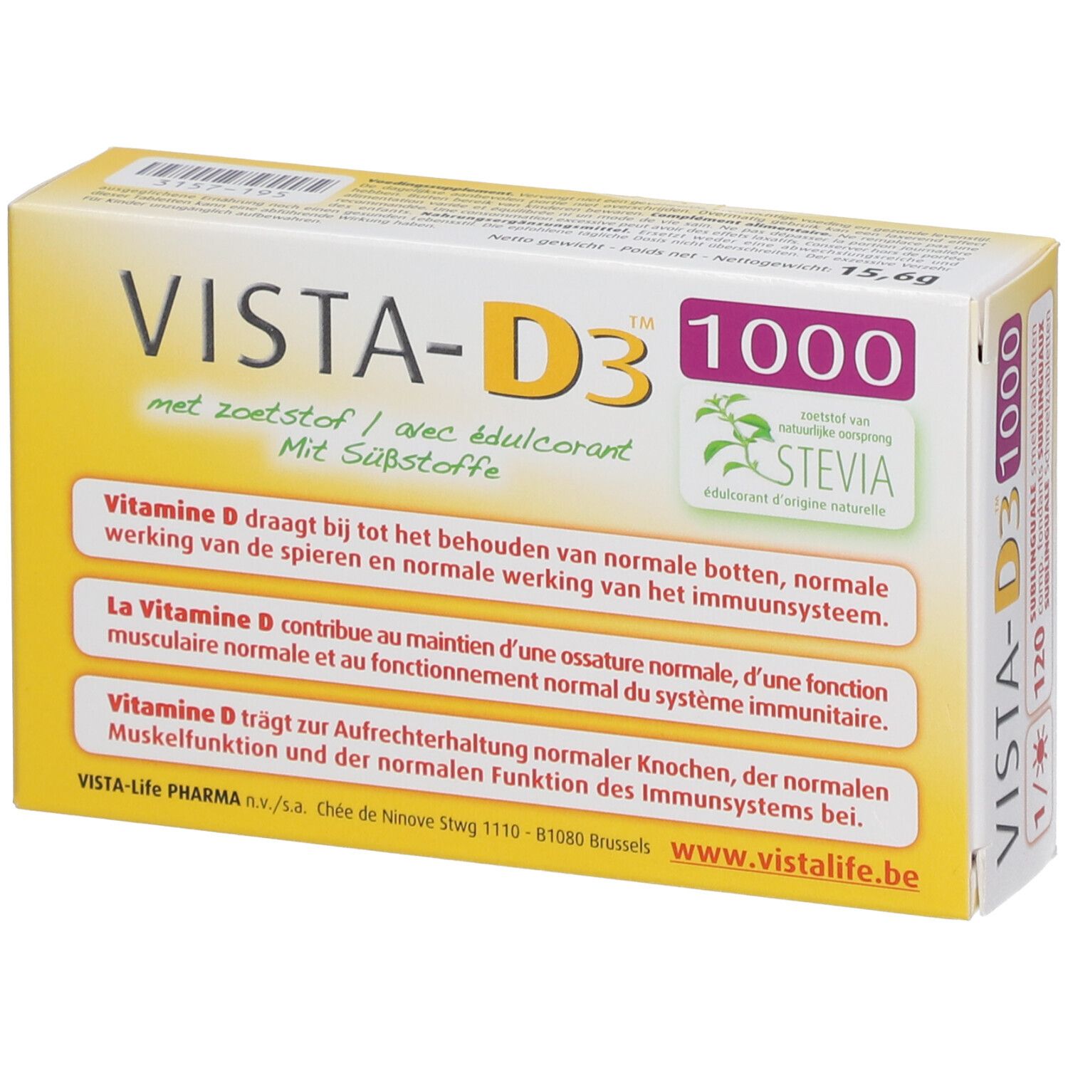 VISTA-D3 1000 Vitamin D3 Packung mit 120 Sublingualtabletten, mit Stevia.