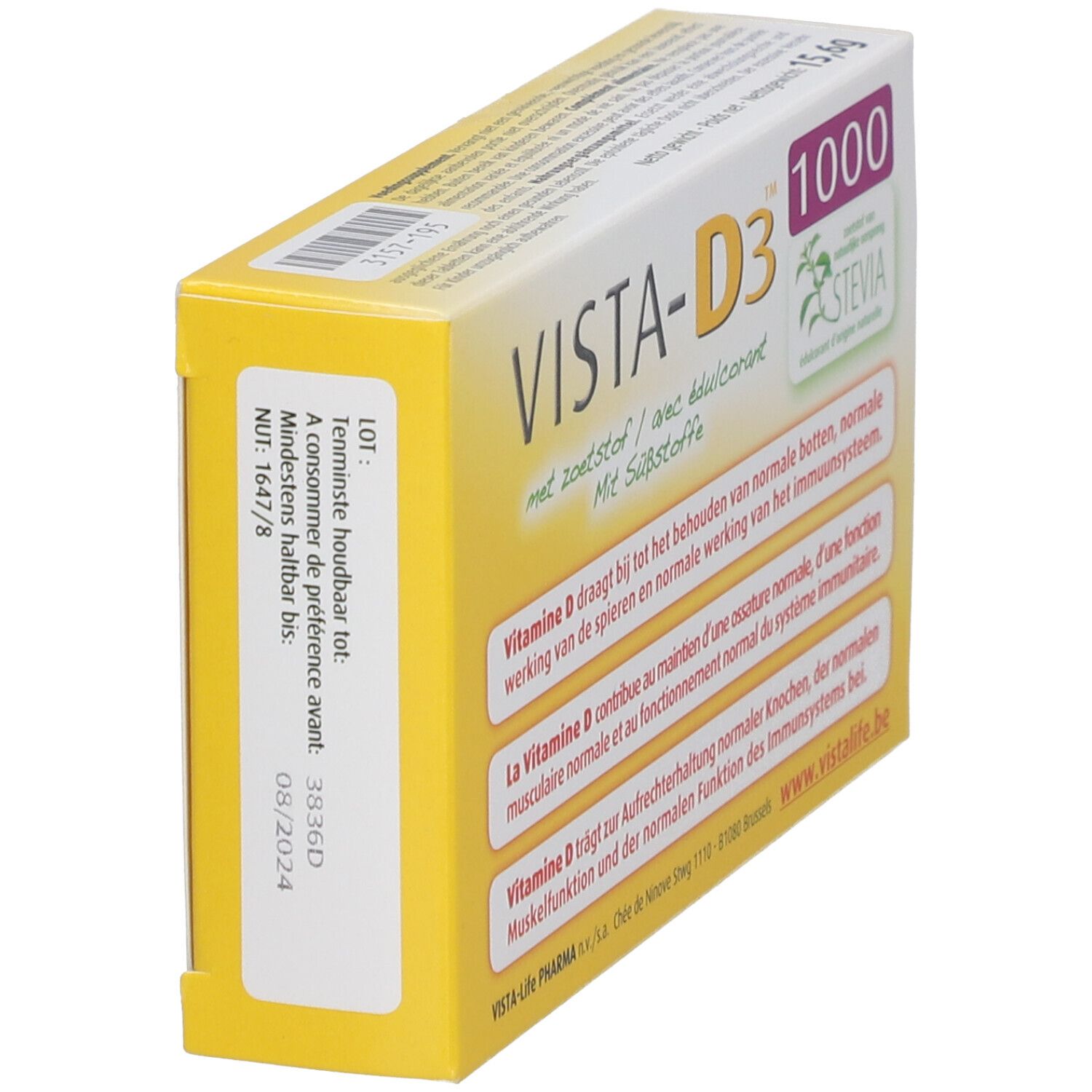 VISTA-D3 1000 Vitamin D3 Packung mit 120 Sublingualtabletten, Rückseite mit Chargennummer.