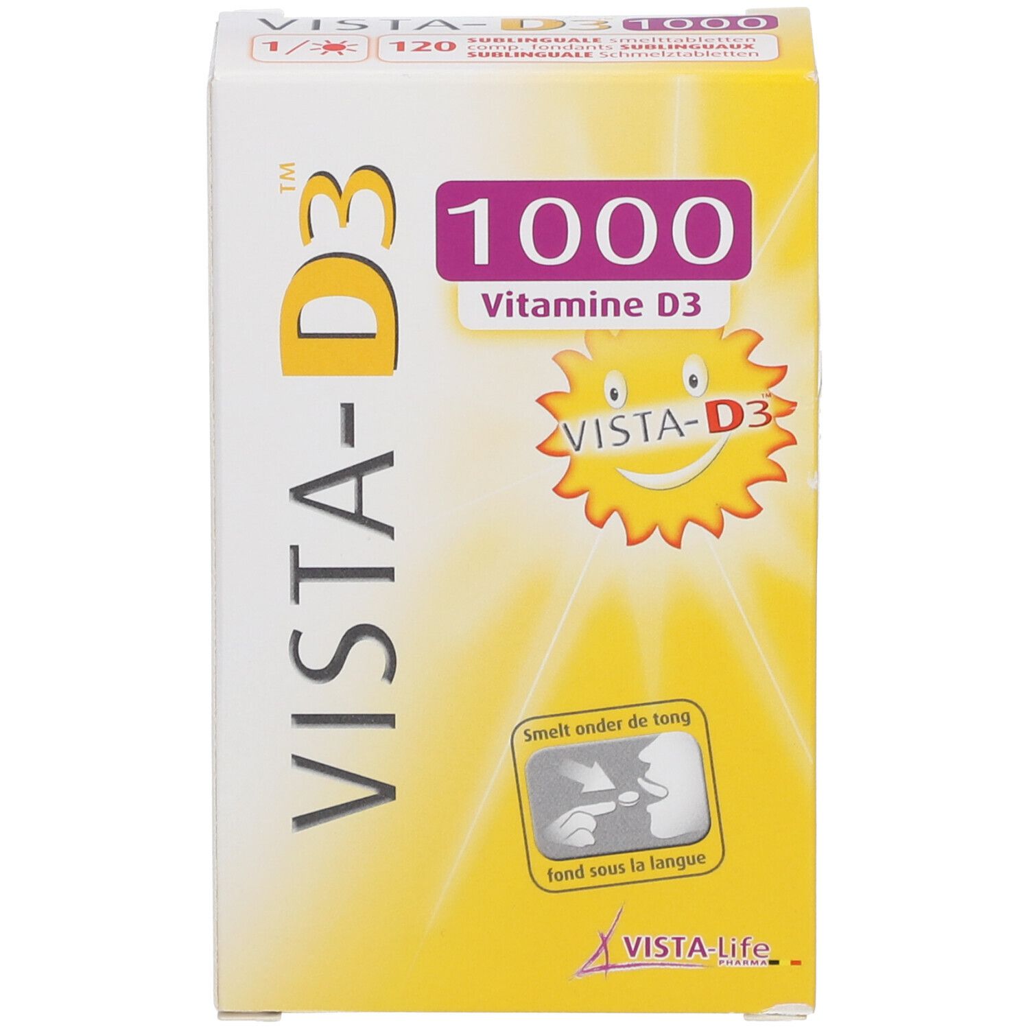 VISTA-D3 1000 Vitamin D3 Packung mit 120 Sublingualtabletten, Vorderseite.
