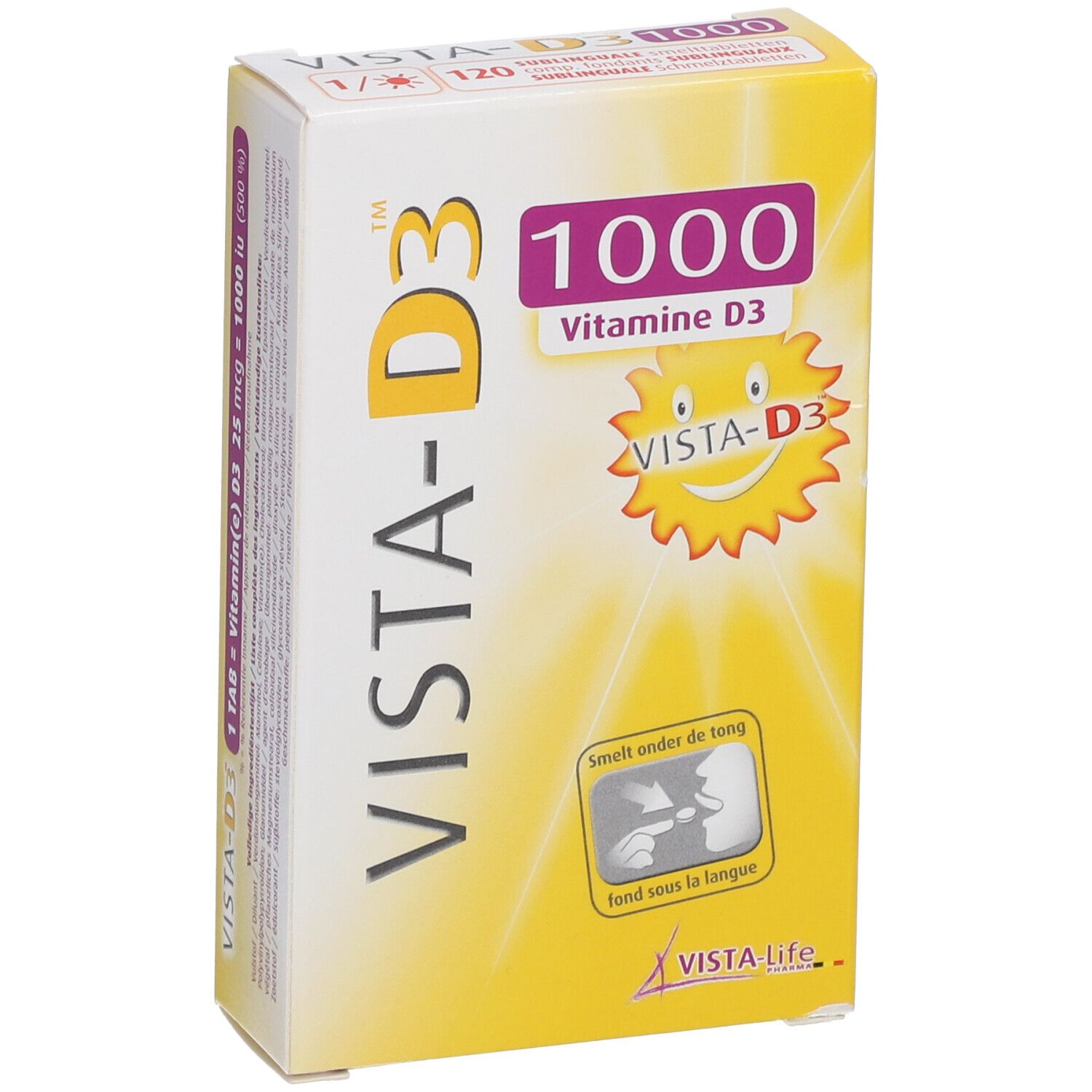 VISTA-D3 1000 Vitamin D3 Packung mit 120 Sublingualtabletten, Vorderseite mit Anwendungshinweis.