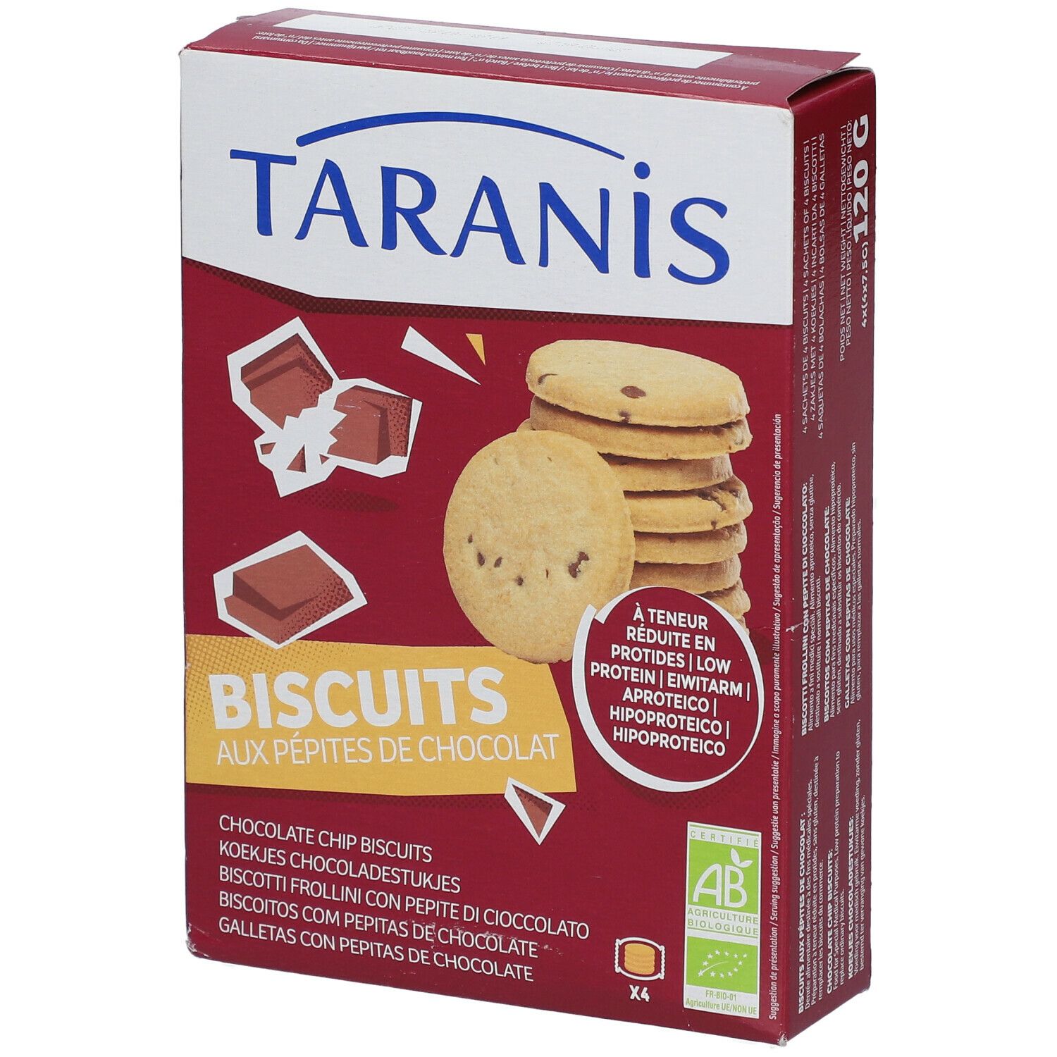 Verpackung mit Keksen. Aufschrift: Taranis, Biscuits aux pépites de chocolat. Mit AB-Siegel.
