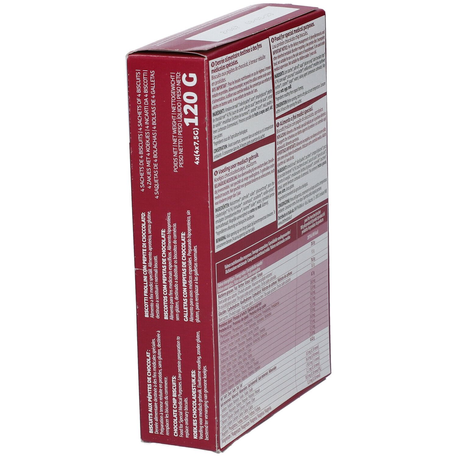 Rückseite der Taranis Kekse Verpackung. Text in mehreren Sprachen. 120g. Nährwertangaben.