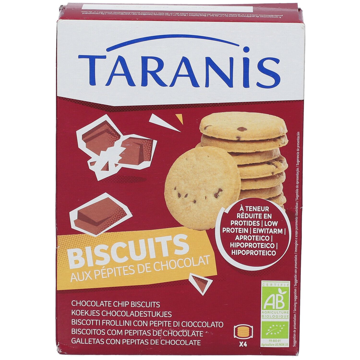 Verpackung mit Keksen. Aufschrift: Taranis, Biscuits aux pépites de chocolat. Mit AB-Siegel.