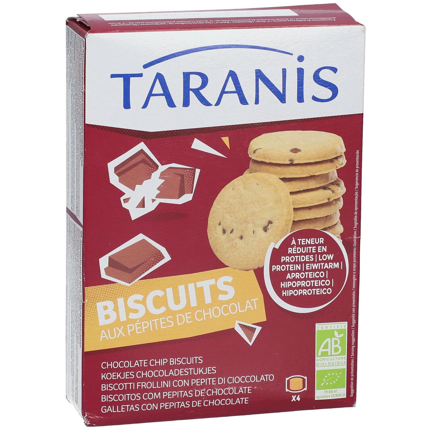 Verpackung mit Keksen. Aufschrift: Taranis, Biscuits aux pépites de chocolat. Mit AB-Siegel.