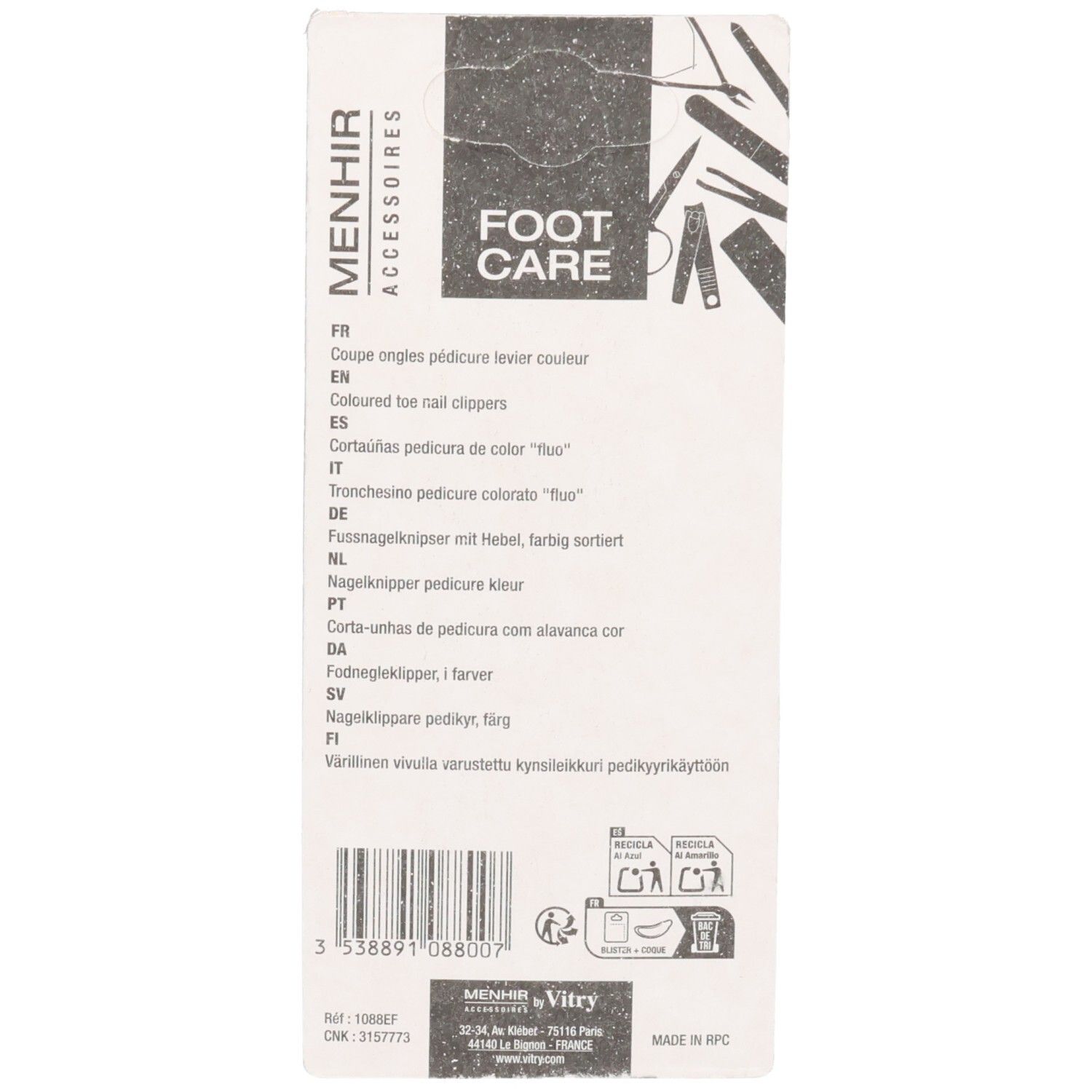 Rückseite der Verpackung. Text in mehreren Sprachen, darunter Deutsch, Französisch, Italienisch und Niederländisch. Marke Menhir Accessoires.