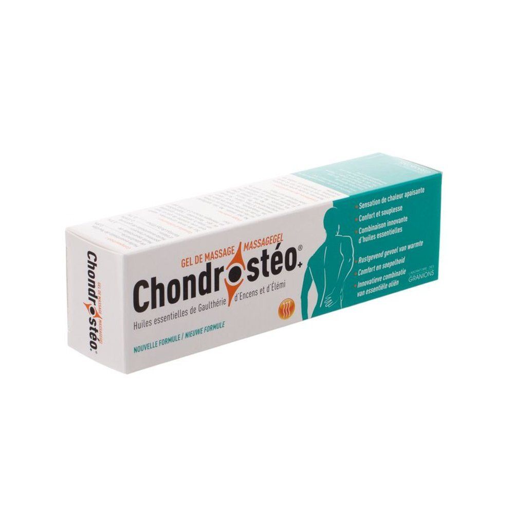 Boîte de Chondrostéo®+ Massagegel. Design turquoise et blanc. Nom et logo visibles. Drapeau français.