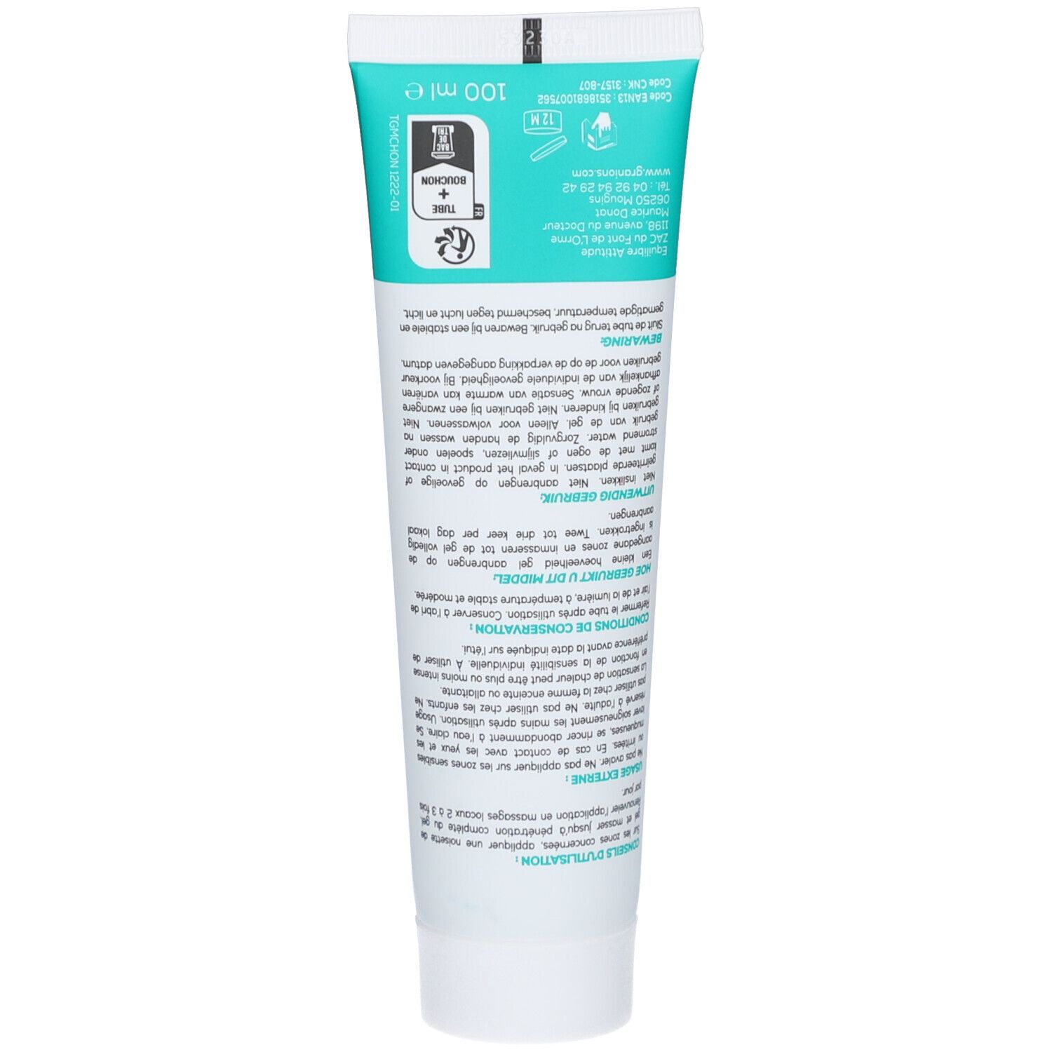 Rückseite des Chondrostéo®+ Massagegel-Tubes. Enthält Text und Informationen. Weißer Hintergrund.