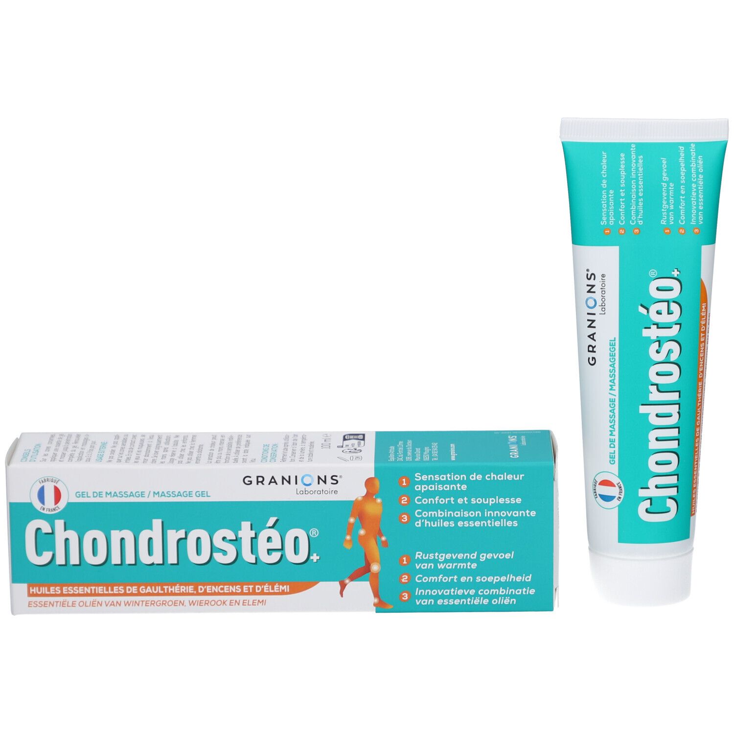 Chondrostéo®+ Massagegel Tube und Schachtel. Türkis-weißes Design. Produktname und Logo sichtbar.
