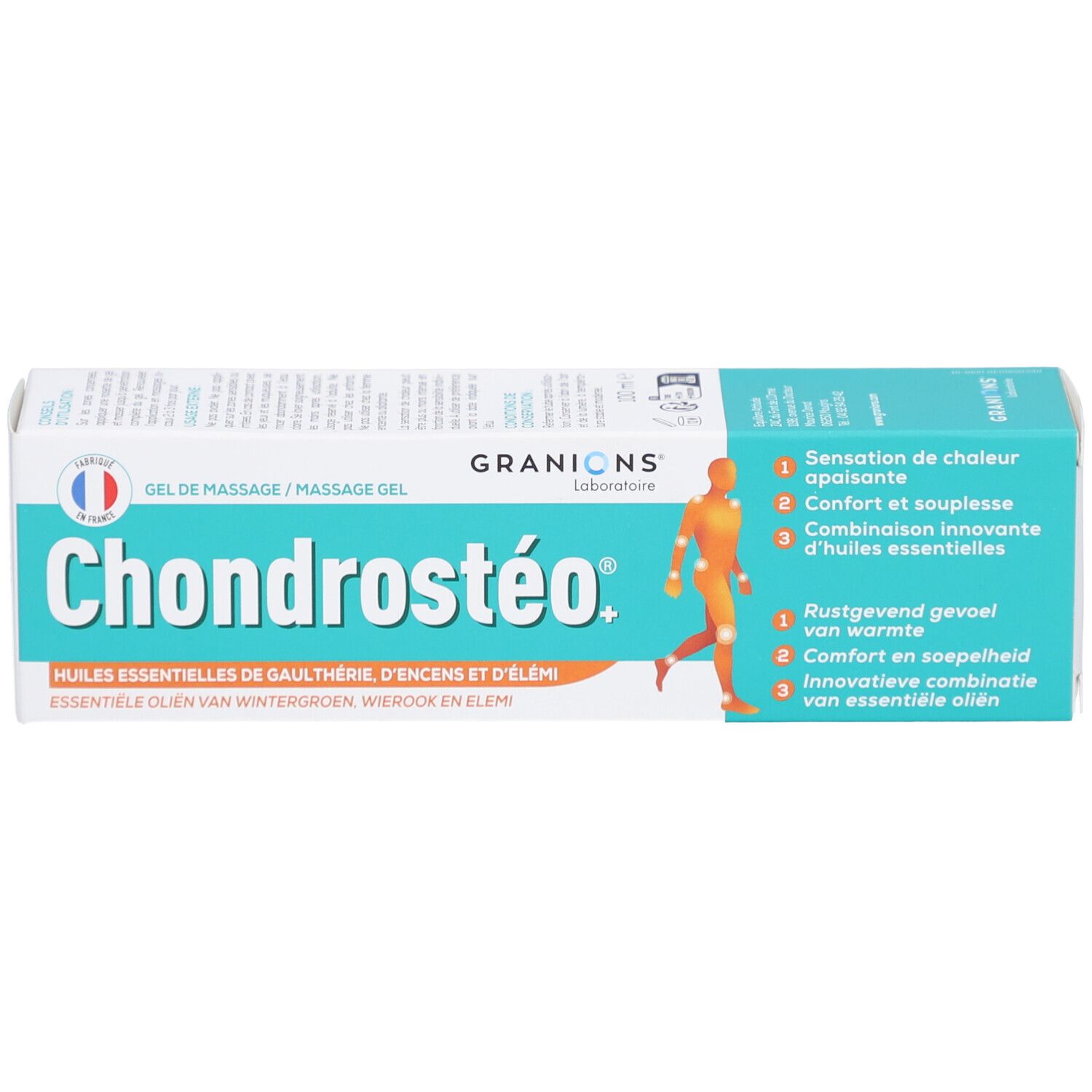 Schachtel Chondrostéo®+ Massagegel. Türkis-weißes Design. Produktname und Logo sichtbar. Text und Abbildung.