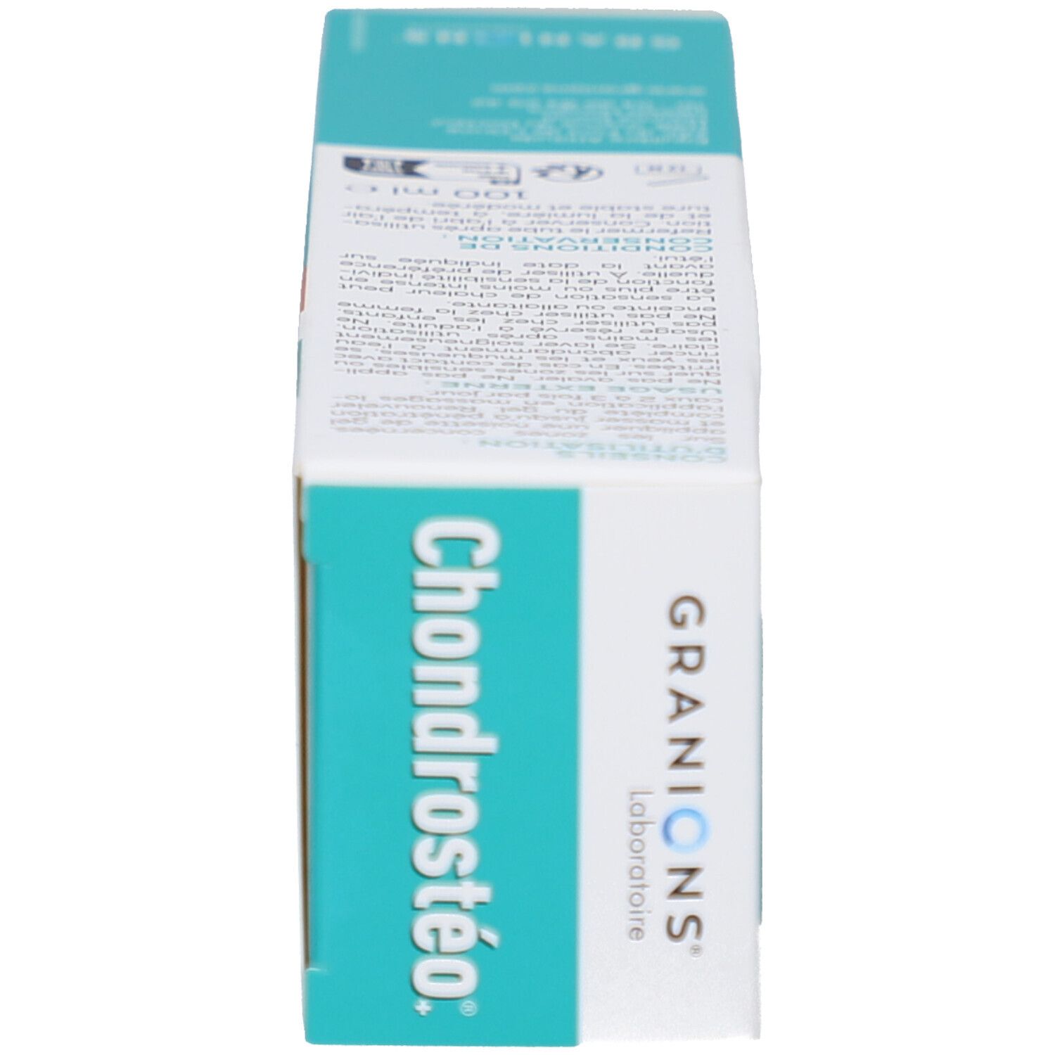 Seitenansicht der Chondrostéo®+ Massagegel-Schachtel. Türkis-weißes Design. Produktname sichtbar.