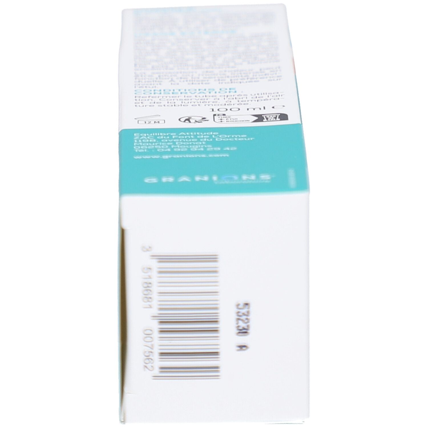 Rückseite der Chondrostéo®+ Massagegel-Schachtel. Enthält Text und Informationen. Barcode.