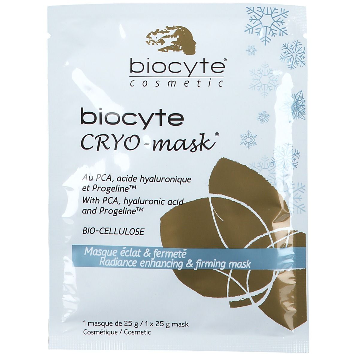 Biocyte Cryo-Maske® Einzelpackung. Weiße Verpackung mit Produktlogo und Schriftzug. Enthält 25g.
