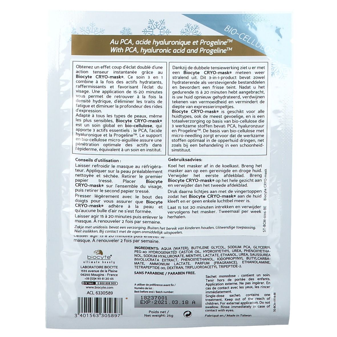 Rückseite der Biocyte Cryo-Maske® Einzelpackung. Text in mehreren Sprachen. Enthält Inhaltsstoffe und Anwendungshinweise.
