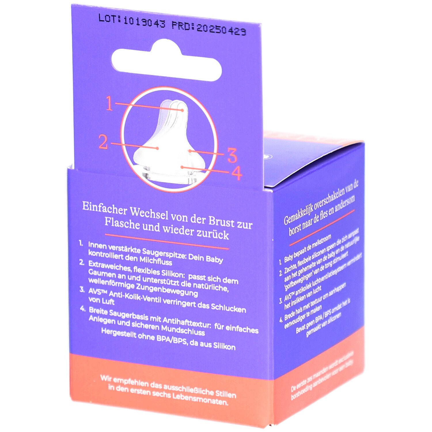 Rückseite der Verpackung mit Produktinformationen. Marke Lansinoh, NaturalWave. Text in Deutsch. 2 Sauger.