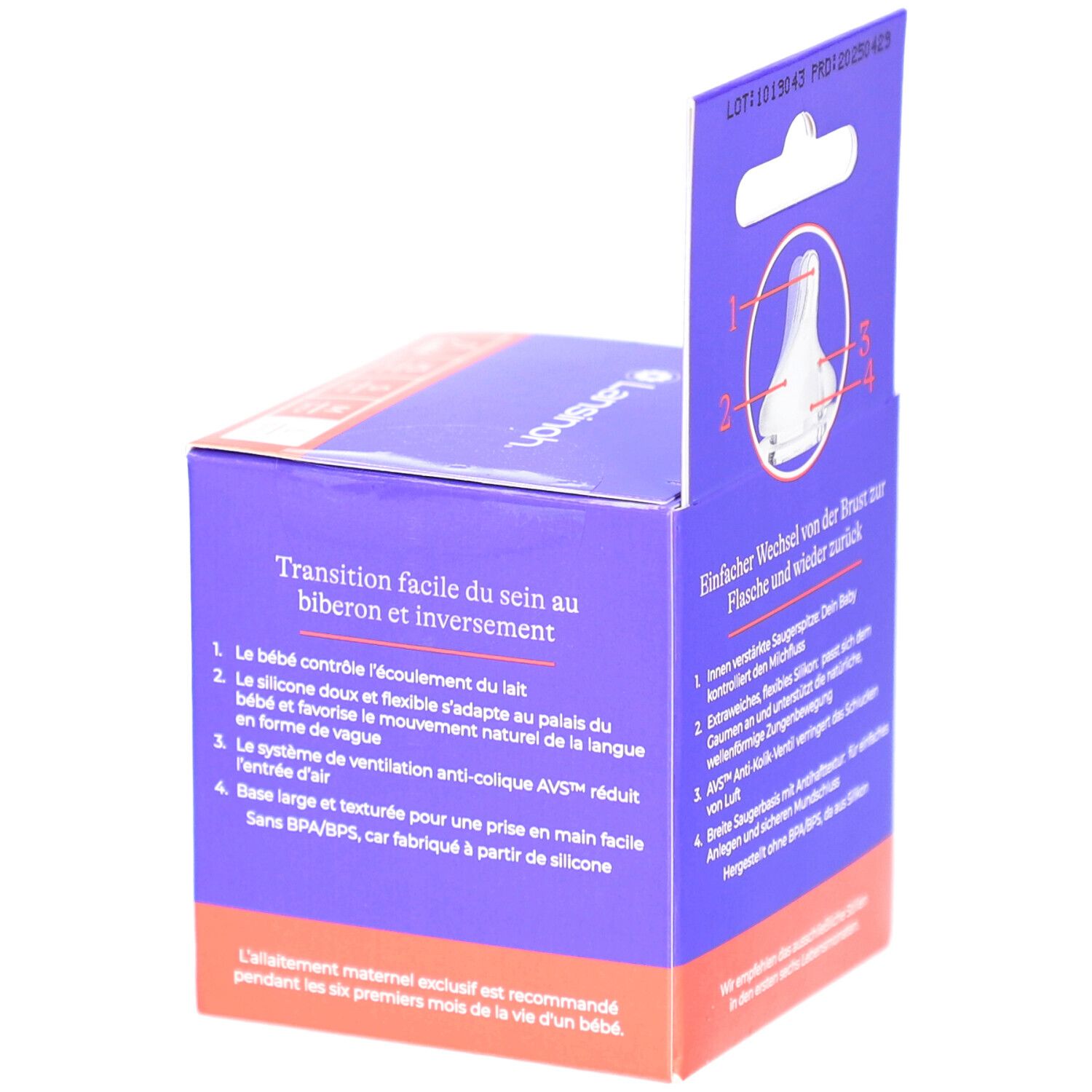 Verpackung mit Produktinformationen. Marke Lansinoh, NaturalWave. Text in Französisch. 2 Sauger. Ohne BPA/BPS.