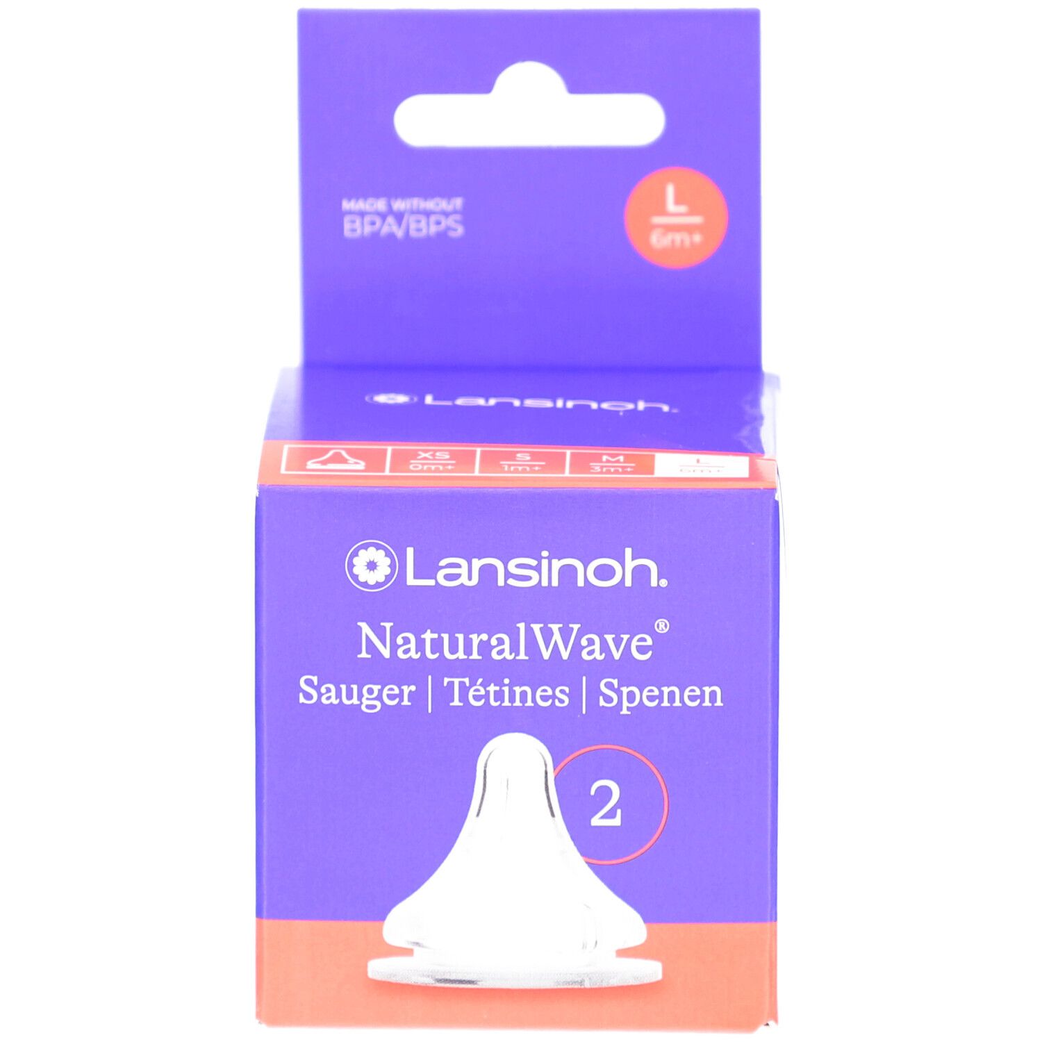 Verpackung mit zwei Saugern. Marke Lansinoh, NaturalWave. Lila Box mit Produktabbildung und Größenangabe L/6m+.