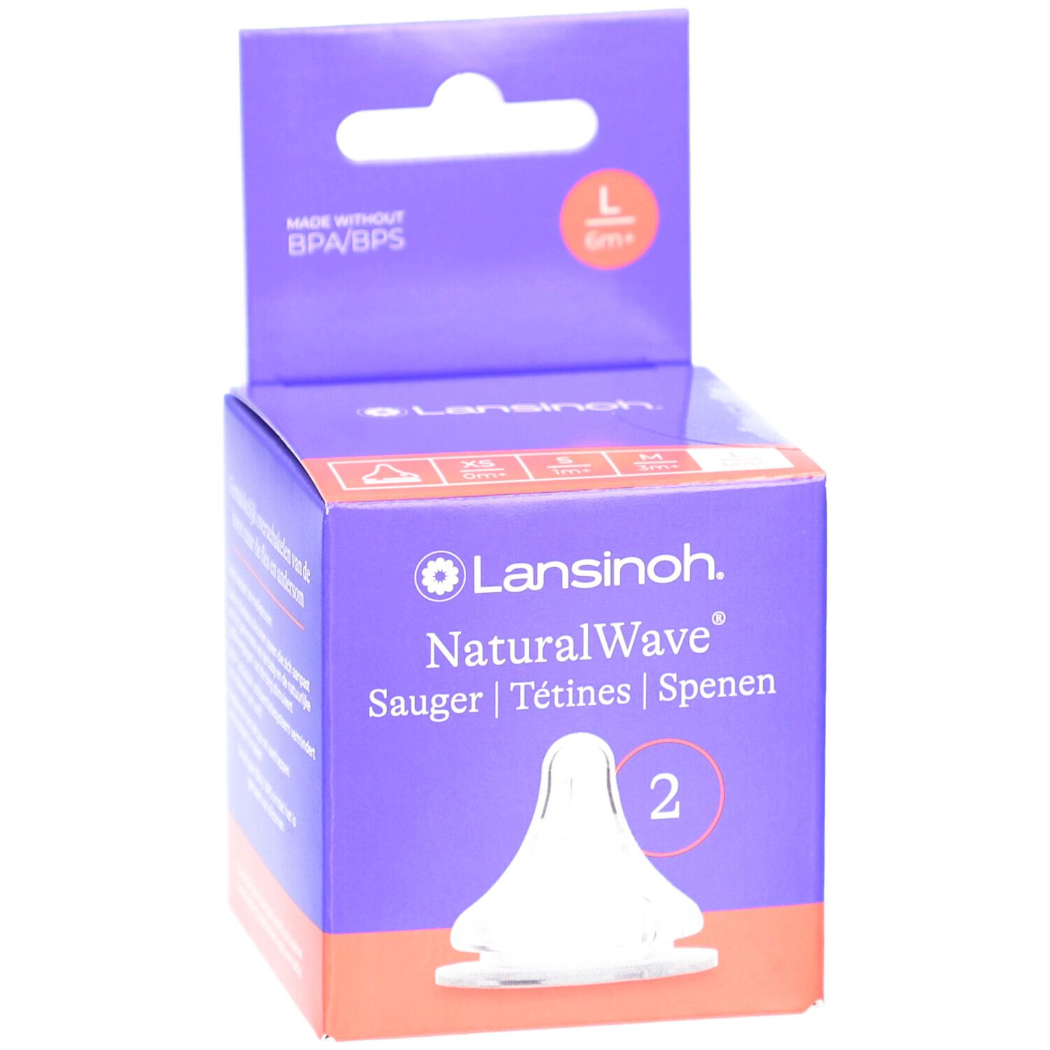 Verpackung mit zwei Saugern. Marke Lansinoh, NaturalWave. Lila Box mit Produktabbildung und Größenangabe L/6m+.