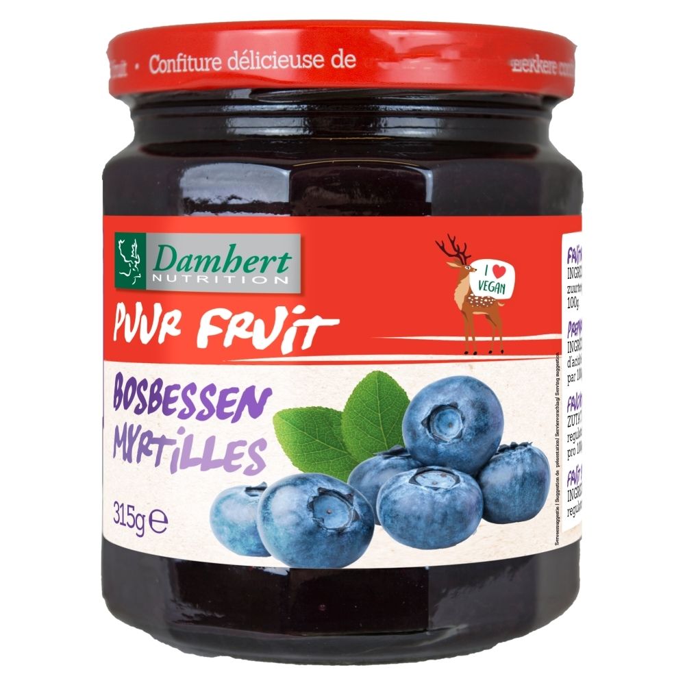Dambert Nutrition Blaubeermarmelade in einem Glasbehälter mit rotem Deckel. Enthält 315g.