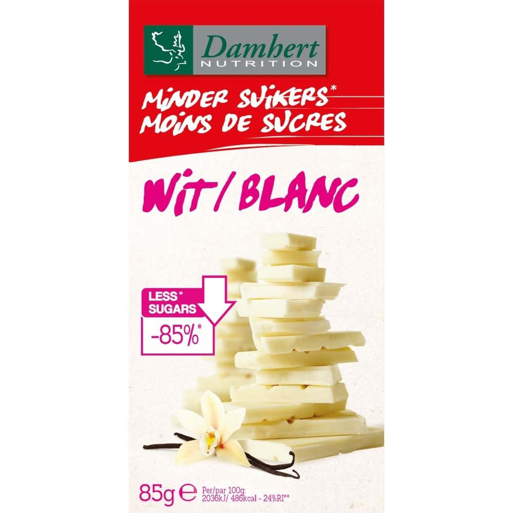 Dambert Nutrition Weiße Schokolade, zuckerreduziert, 85g.